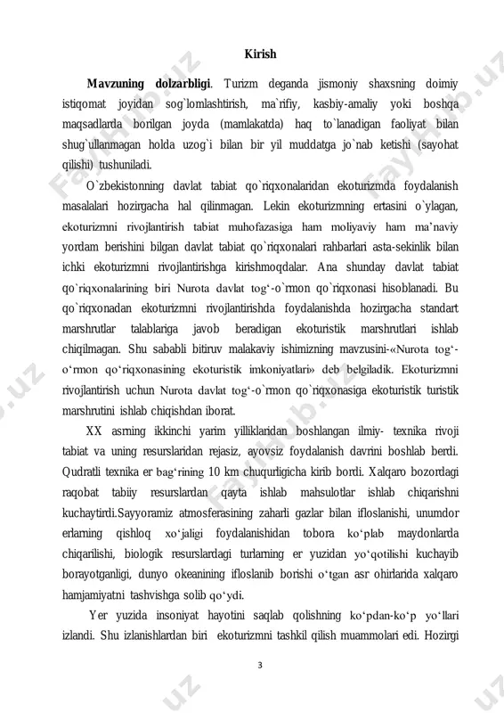 qo‘ydi. yer yuzida insoniyat hayotini saqlab qolishning ko‘pdan-ko‘p yo‘llari izlandi. shu izlanishlardan biri ekoturizmni tashkil qilish muammolari edi. hozirgi 4 yillargacha o‘tgan muddatda ekoturizmni rivojlantirishning maqsadi, vazifalari, mohiyatiga, ko‘p yillik tortishuvlardan keyin baho berildi. ekoturizmning tamoyillari belgilandi, shu bilan birga ekoturizmni rivojlantirishning ko‘plab metodlari, amaliyoti va xalqaro miqyosda tan olingan modellari yaratildi. tabiat muhofazasida va insonlarda ekologik ong va madaniyatni shakllantirishda ekoturizmning muhim o‘rnini dastavval tushungan davlatlar qayd qilingan metodlar va xalqaro modellarni hech ikkilanmasdan qabul qildilar va o‘z davlatlarida ekoturizmni jadal suratlar bilan rivojlantirib bormoqdalar. insoniyat oldida turgan sayyoraviy muammolarni insoniyatning o‘zi bartaraf etishi kerak va bartaraf etishga majbur. shu nuqtai-nazardan ham, ekoturizmni rivojlantirish dunyodagi barcha davlatlarning davlat siyosatiga aylanib borayotganligida ham o`z vaqtida anglab olishimiz kerak. bmtning konferensiyasi va sammitlarida 150 dan ortiq xalqaro tabiat muhofazasi haqidagi hujjatlarning qabul qilinishi natijasida ekologik boshqaruv milliy mexanizmlarining ko‘plab zaruriy tadbirlari yaratilmoqda.bu hujjatlardagi eng muhim tamoyillar:  har qanday ishlab chiqarish …