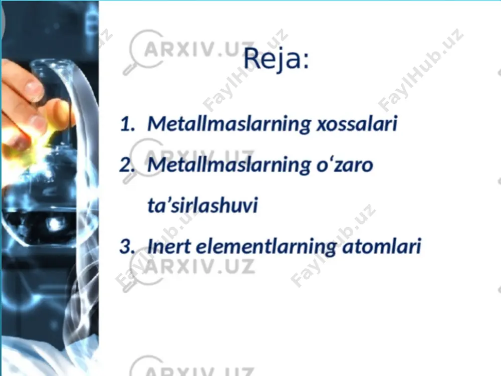 ,1 kg 750 so’m 5. distillangan suv - 20 litr - jami mablag’: (1000 ml) 1 281 so’m 1 kg antikorrozion vosita olish uchun sarflanadigan mablag’ 1-jadval avtomobil qismlarini korroziyadan himoyalash uchun foydalaniladigan lube trade aj ning kluber contrakor fluid h 1 spray korroziya ingibitori 400 ml miqdori 422 710 (100 ml 1 056 so`m) so’mni tashkil etadi. sanoat metal konstruksiyalari uchun foydalaniladigan astralpool korroziya ingibitorining 5 litri 2 212 278 so’mni (100 ml 442 so`m) tashkil etadi. loyihadan olinadigan iqtisodiy samaradorlik tajriba-sinovlar asosida yaratilgan tuzlarning antikorrozion vosita sifatida joriy qilinishi natijasida chet eldan keltiriladigan import o`rnini bosuvchi namunalarning almashtirilishi hisobiga iqtisodiy samaradorlikka erishiladi. image1.jpeg image2.png image3.png image4.png image7.png image8.jpeg image9.png image10.jpeg image11.jpeg image12.png image13.jpeg image14.jpeg image15.jpeg image16.jpeg image17.emf image18.png image19.png image20.png image21.emf image22.png image23.jpeg image24.png image25.png image26.png image27.jpeg image28.jpeg image29.jpeg image30.jpeg image31.jpeg image32.jpeg image33.png image34.jpeg image35.jpeg image36.jpeg image37.jpeg image38.jpeg image39.jpeg image40.jpeg image41.jpeg image42.png image5.jpeg image6.png 750100012501500175020002500300035004000 cm-1 -20 0 …