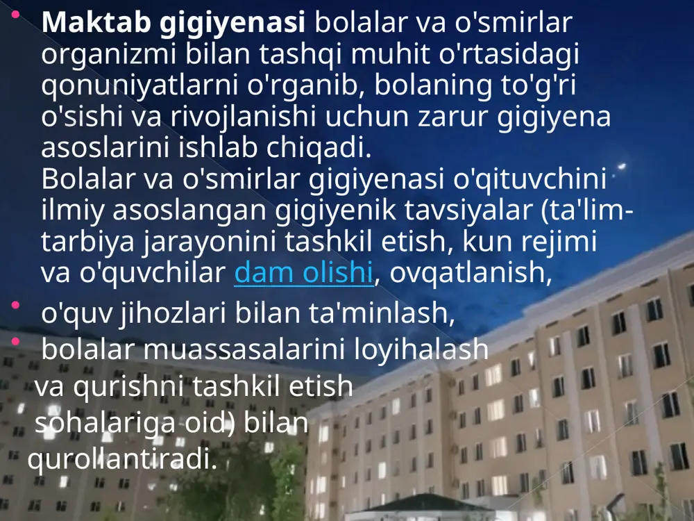ayralarida ketadigan hayotiy jarayonlarni aniqlaydi. yosh fiziologiyasi va maktab gigiyenasi fani esa jigarning turli yosh davrlaridagi og'irligini, bajaradigan ishining o'zgarishini, uning kasallanmaslik chora-tadbirlarini ko'rish bilan shug'ullanadi, tavsiyalar beradi. yoki ekologiya faniga oid ma'lumotlardan, masalan, atrof-muhitning sog'lomlik darajasi haqidagi ma'lumotlardan gigiyena ham foydalanadi, deylik maktab binosini qayerga va qanday qurish lozimligini tavsiya qiladi va h.k. yosh fiziologiyasi va gigiyenasi pеdagogika va uning barcha sohalari uchun ilmiy-tabiiy asosdir. yosh psixologiyasi ham yosh fiziologiyasi ma'lumotlariga tayanadi, pеdagoglar ta'lim-tarbiya ishlarini yosh fiziologiyasi va gigiyenasi ma'lumotlariga asoslangan holda olib borishlari muhim ahamiyatga ega. «pеdagog bilib olishi shart bo`lgan birinchi narsa, bu bola tanasining tuzilishi va hayoti, bolalar anatomiyasi, fiziologiyasi va uning rivojlanishidir. busiz yaxshi pеdagog bo`lish, bolani to`g`ri tarbiyalash mumkin emas». bolaning jismoniy va aqliy qobiliyatlarini, uni nimalarga qodir ekanligini bilmasdan hamda yoshga aloqador hususiyatlarini nazar — e'tiborga olmasdan turib ta'lim-tarbiya ishlarini to`g`ri yo`lga qo`yish mumkin emas. bolalarni to`g`ri o`stirib tarbiyalash mamlakatni yuksaltirish va taraqqiy …