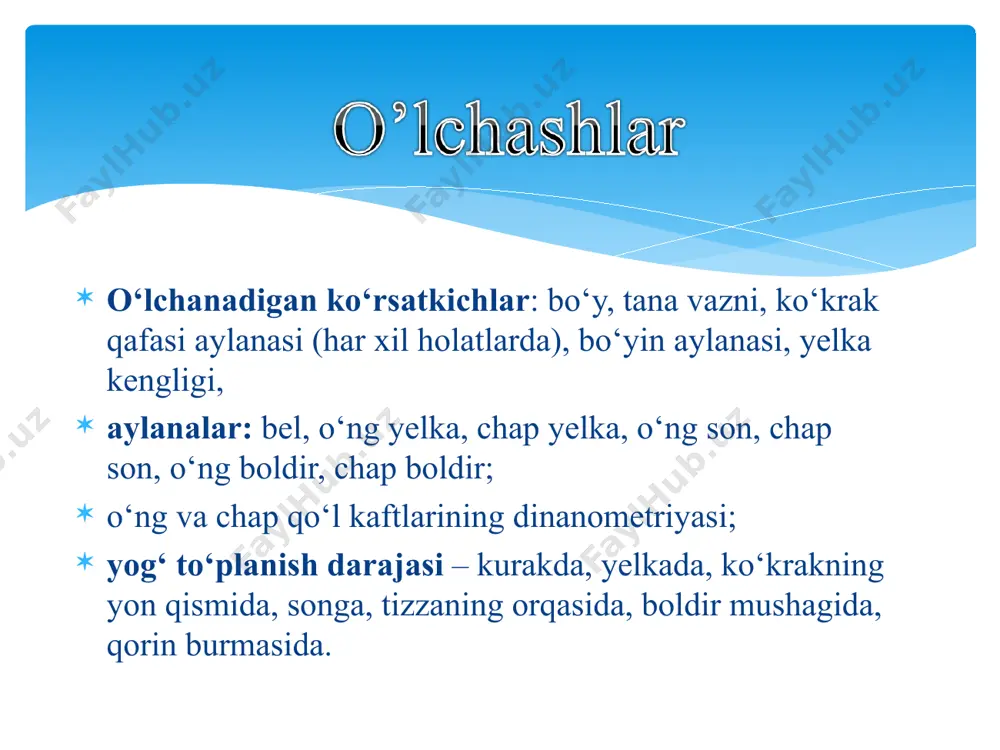 i, oyoqlar yelka kengligida ochilgan. lentani boldir atrofida gorizontal tarzda joylashtirish lozim. dinamometriya (so‘z yunon tilidan: dynamis — “kuch”, metron — “o‘lchov”) — bu jismoniy kuchni o‘lchash usuli. mazkur metod yordamida insonning muskul kuchi, ayniqsa qo‘l panjasining siqish kuchi aniqlanadi. odatda bu o‘lchovlar sportchilar, reabilitatsiya bilan shug‘ullanuvchilar yoki umumiy sog‘liqni baholashda ishlatiladi. o‘lchash tartibi: har ikki qo‘l (o‘ng va chap qo‘l) uchun alohida o‘lchovlar amalga oshiriladi. bu qo‘llarning muskul kuchi o‘rtasidagi farqni aniqlash imkonini beradi. shaxs tik turgan holatda bo‘lishi kerak. o‘lchanayotgan qo‘l tekis qilib yon tomonga uzatiladi, lekin pastga tushirilgan holatda bo‘ladi. dinamometrni qo‘l bilan imkon qadar kuchli siqish lozim. bu harakat davomida mushaklarning maksimal kuchi aniqlanadi. yog‘ to‘planmalari har qanday organizmda, tananing istalgan qismlarida mavjud bo‘ladi. ular tananing himoya qatlami hisoblanadi va issiqlikni saqlash hamda ichki a’zolarni mexanik zarbalardan himoya qilishda muhim rol o‘ynaydi. yog‘ qatlamlarini o‘lchash antropometriyaning bir qismi bo‘lib, teri osti yog‘ miqdorini aniqlash orqali jismoniy …