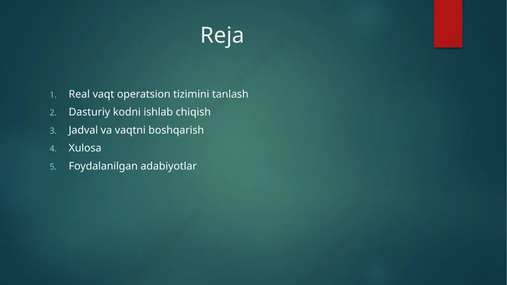 h uchun kuchli poydevor bo‘lib xizmat qiladi. agar zarur bo‘lsa, qo‘shimcha funksiyalar (tarmoq orqali uzatish, ma'lumotlar bazasi integratsiyasi yoki grafik interfeys) bilan boyitilishi mumkin. foydalanilgan adabiyotlar real vaqt modullarini dasturiy boshqarish va vaqtni boshqarish bo‘yicha quyidagi manbalardan foydalanish mumkin: 1. kitoblar:"real-time systems: design principles for distributed embedded applications" muallif: hermann kopetz tavsif: real vaqt tizimlarini loyihalash va ularning asosiy tamoyillari haqida batafsil ma'lumot beradi. "programming embedded systems in c and c++" michael barr tavsif: c va c++ tillarida real vaqt va o‘rnatilgan tizimlar uchun dasturlash haqida tushuntiradi. "real-time systems" muallif: jane w. s. liu tavsif: real vaqt tizimlarining nazariyasi va amaliy dasturiy yondashuvlari. 2. onlayn kurslar va darsliklar: coursera:"real-time embedded systems" (university of colorado) "iot programming and big data" (eit digital) udemy:"real-time operating systems (rtos) for embedded systems" "multithreading and concurrency in python"3. maqolalar va bloglar: ieee xplore digital library:real vaqt tizimlariga bag‘ishlangan ilmiy maqolalar va tadqiqotlar. freertos documentation:real vaqt …
