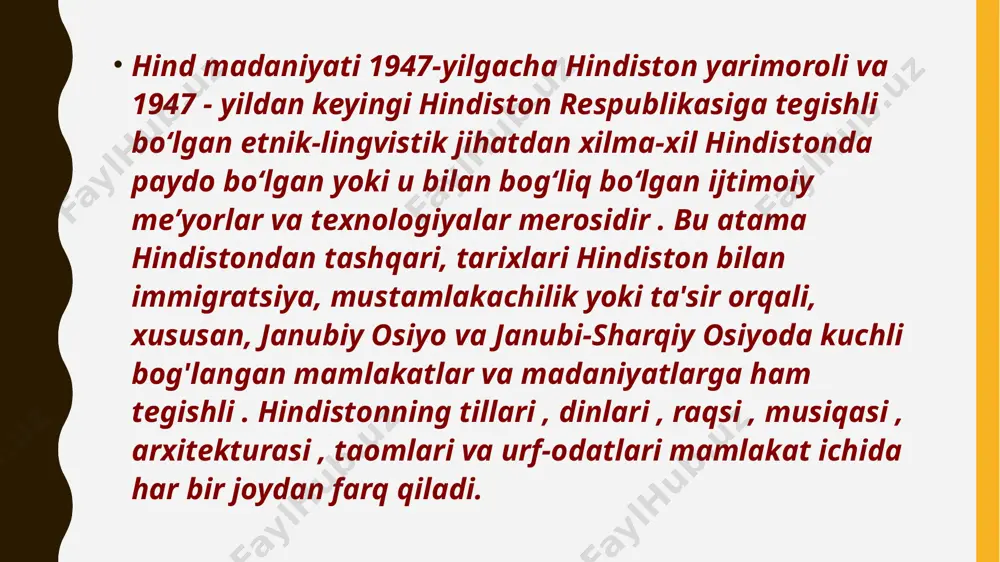 tlarga aylandi. qadimgi hind matni mahabharata guruch va sabzavotlar birgalikda pishirilganligini eslatib o'tadi va "pulao" yoki "pallao" so'zi qadimgi sanskrit asarlarida, masalan, yājñavalkya smṛti kabi taomga murojaat qilish uchun ishlatiladi . ayurveda , qadimgi hind sog'lomlashtirish tizimi, sog'lomlikka yaxlit yondashuv bilan shug'ullanadi va u oziq-ovqat, dhyana (meditatsiya) va yoga ni o'z ichiga oladi . hindistonda dastlabki parhez asosan baklagiller , sabzavotlar , mevalar , donlar , sut mahsulotlari va asaldan iborat edi . bugungi kunda iste'mol qilinadigan asosiy oziq-ovqatlarga turli xil yasmiq ( dal ), to'liq bug'doy uni ( aṭṭa ), guruch va hindiston yarimorolida miloddan avvalgi 6200 yildan beri yetishtiriladigan marvarid tariq ( bājra ) kiradi. rohu baliqli qisqichbaqa , kalighat rasmi. chuchuk suv baliqlari va qisqichbaqasimonlar sharqiy mintaqalarda, ayniqsa bengaliyada asosiy oziq-ovqat hisoblanadi vaqt o'tishi bilan, śramana harakati paytida aholining qatlamlari vegetarianlikni qabul qildi , adolatli iqlim esa yil davomida turli xil meva, sabzavotlar va don etishtirishga imkon …