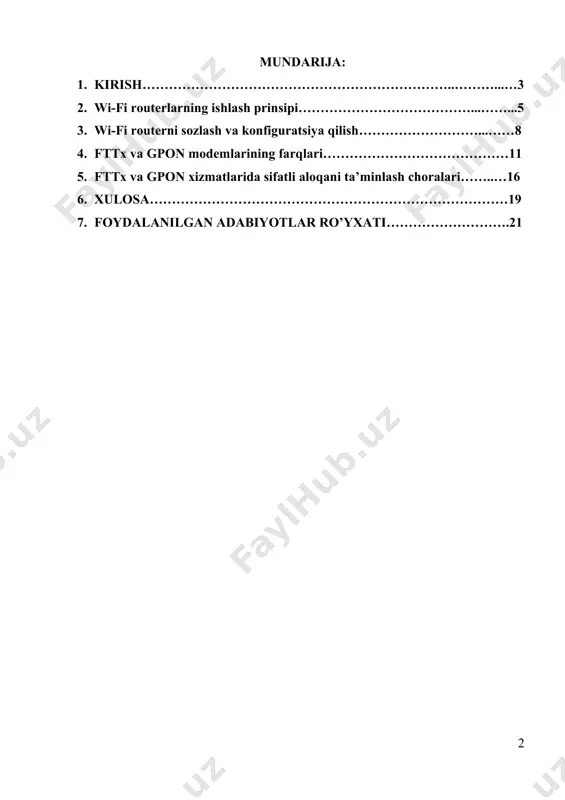 amaradorligini oshirish: tezkor internet va lokal tarmoq orqali ma’lumot almashish imkoniyati. · xavfsizlik: routerlar xavfsizlik devorlari (firewall) va vpn funksiyalari orqali maxfiylikni ta'minlaydi. · ko‘p foydalanuvchini qo‘llab-quvvatlash: routerlar katta korxonalar uchun ko‘p foydalanuvchili tarmoqlarni boshqaradi. · bulutli xizmatlarga kirish: foydalanuvchilarni samarali ravishda korxonaning bulutli xizmatlariga ulash. wi-fi routerlarning rivoji bilan ular shaxsiy va ish hayotimizning ajralmas qismiga aylangan. ularning to‘g‘ri ishlashi internetdan foydalanishning samaradorligi va qulayligini ta'minlaydi. shu sababli, routerlarni to‘g‘ri tanlash va sozlash foydalanuvchilar uchun katta ahamiyatga ega. 2. wi-fi routerlarning ishlash prinsipi. wi-fi router – bu qurilma bo‘lib, lokal tarmoq (lan) foydalanuvchilari o‘rtasida ma’lumotlarni uzatish va ularni internetga ulash vazifasini bajaradi. u simsiz (wi-fi) va simli (ethernet) ulanishlarni ta’minlash imkoniyatiga ega. quyida routerning ishlash prinsipi bosqichma-bosqich tushuntiriladi: 1. routerning asosiy vazifalari · ma'lumotlarni yo‘naltirish (routing): router kelib tushgan ma’lumot paketlarini kerakli qurilmaga yo‘naltiradi. · lokal va global tarmoqni ulash: router lan (mahalliy tarmoq) va wan (global internet tarmog‘i) …