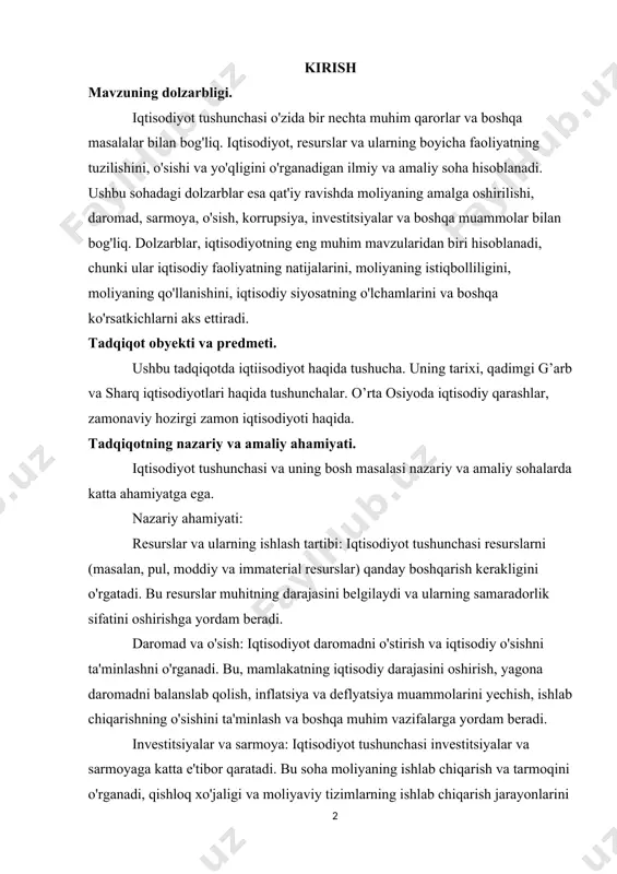 nlash va boshqa muhim vazifalarga yordam beradi. investitsiyalar va sarmoya: iqtisodiyot tushunchasi investitsiyalar va sarmoyaga katta e'tibor qaratadi. bu soha moliyaning ishlab chiqarish va tarmoqini o'rganadi, qishloq xo'jaligi va moliyaviy tizimlarning ishlab chiqarish jarayonlarini ta'minlash va moliyaning istiqbolligini ta'minlash uchun qanday imkoniyatlar mavjudligini o'rganishga yordam beradi. iqtisodiy siyosatning o'lchamlari: iqtisodiyot tushunchasi mamlakatning iqtisodiy siyosatini rivojlantirishga yordam beradi. bu siyosat iqtisodiy ravishda o'zini o'rganadi, iqtisodiy tizimni to'g'ri qurish, soliqsizlik, inflyatsiya va boshqa muammolarni hal qilish uchun kerakli qadamni yuritadi. amaliy ahamiyati esa joriy iqtisodiy muammolar va o'zgarishlar bilan bog'liq. iqtisodiyot tushunchasi bilan tanishish insonlarga iqtisodiy olaylarni tahlil qilish, moliyaning o'zgartirishlari bilan boshqarish, iqtisodiy siyosatning o'lchamlarini tushunish, investitsiyalar va sarmoya jarayonlarini tahlil qilish, daromad va sarmoya ko'rsatkichlarini o'rganish va boshqa iqtisodiy faoliyatni tushunishga yordam beradi. bu esa insonlarning iqtisodiy faoliyatlarida qabul qilish kerak bo'lgan maqbul va samarali qarorlar qabul qilishlariga yordam beradi. kurs ishining tarkibi: ushbu kurs ishi kirish, 4ta reja, xulosa …