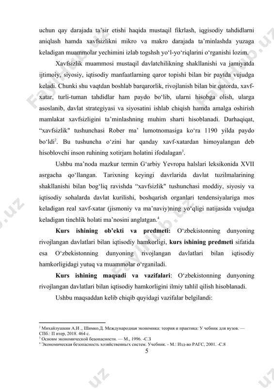 didlar 1.1. jahon iqtisodiy tizimida milliy iqtisodiyotning tutgan o‘rni va uning manfaatlariga tahdidlar zamonaviy jahon iqgisodiyoti xalqaro mehnat taqsimoti asosida milliy iqtisodiyotlar o‘rtasida barqaror, har tomonlama o‘zaro alokadorlikning shakllanishi oqibatida xo‘jalik haetining xalqaro miqyosda internatsionallashuvini ifodalaydi. buning oqibatida iqgisodiy makon vujudga kelmoqsa. ushbu makonda xalqaro tovarlar, xizmatlar, xom ashyo resurslari, moliyaviy mablaglar, kapital, ishchi kuchi bozorlari vujudga kelib, ular o‘rtasida o‘zaro aloqadorlik hamda bog‘liqlik kuchaymoqda. jahon miqyosida global-texnologik, moliyaviy, axborot, madaniy tizimlar jadal ravishda rivojlanmoqda. milliy iqtisodiyot, xalqaro mehnat taqsimotiga ko‘ra, ixtisoslashuvi, o‘zining foydali qazilma boyliklari, geografik joylashuvi, fan-texnika taraqqiyoti, ijtimoiy-iqtisodiy rivojlanish darajasi, xalqaro savdo, xalqaro iqgisodiy faoliyatining faolligiga muvofiq jahon iqgisodiy tizimida o‘ziga xos o‘rinni egallaydi. jahon iqgisodiyotita integratsiyalashish uchun milliy iqtisodiyot xalqaro hamkorlikka ochiq bo‘lishi, ya’ni ochiq iqtisodiyot tavsifiga ega bo‘lishi lozim. ochiq iqtisadiyotning xususiyatlari va potensial imkoniyatlarini quyidagicha tavsiflash mumkin: - o‘tish davrshsh o‘e boshidan kechirayotgan mamlakatda bozor mexanizmi va unsurlari raqobat muhiti shakllanishining jadallashuvi; - jahon …