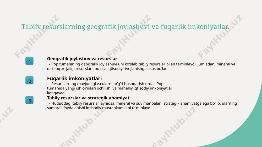 yoshlarning iqtisodiy roli yoshlar iqtisodiyotda innovatsiyalar va yangi ish o‘rinlarini yaratishda asosiy kuch hisoblanadi. ularning faoliyati iqtisodiy rivojlanishga ijobiy ta'sir ko‘rsatmoqda. 3 ayollarning iqtisodiy imkoniyatlari ayollar iqtisodiyotda faol ishtirok etib, tadbirkorlik va qishloq xo‘jaligida muhim rol o‘ynamoqda. bu, o‘z navbatida, mahalliy iqtisodiyotni rivojlantiradi. 4 gender va yosh imkoniyatlari gender va yosh guruhlariga qarab imkoniyatlar tenglashtirilmoqda. bu esa, barqaror iqtisodiy rivojlanish uchun muhim, yoshlar va ayollar uchun yangi ish o‘rinlari yaratilmoqda. pop tumani iqtisodiyotining asosiy tarmoqlari va ularning rivojlanish imkoniyatlari 1 qishloq xo‘jaligi tarmoqlari - pop tumanida qishloq xo‘jaligi muhim o‘rin tutadi, ayniqsa paxta, g‘alla va meva yetishtirish rivojlangan, bu yerda o‘rmon va chorvachilik ham rivojlanmoqda. 2 sanoat va ishlab chiqarish - sanoat sektori metallurgiya, oziq-ovqat va qurilish materiallari ishlab chiqarishda faol, bu tarmoq iqtisodiy o‘sishga va ish o‘rinlariga turtki bo‘lmoqda. 3 xizmatlar va savdo - transport, savdo va turizm sohalari rivojlanmoqda, shuningdek, bozorlarda mahalliy mahsulotlar va xizmatlar keng tarqalib, iqtisodiy …