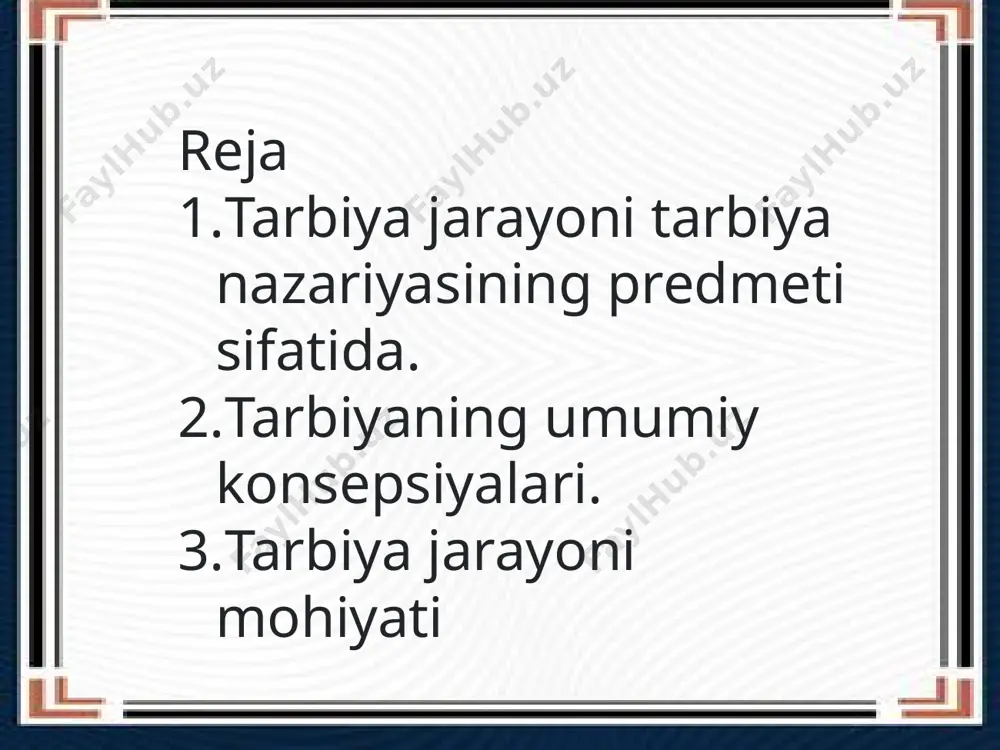 lgilangan maqsad uchun hizmat qiladigan nazariy va amaliy manbalarni qaysisini va qaerda ishlashni rejalashtirishadi. tarbiyachining rag’batlantirish usuli; siz buyurgan ishga burch va mas'uliyat bilan yondashganligini rag’batlantirish. siz buyurgan ishga qiziqishini va uni uddalay olganligini rag’batlantirish. tarbiyalanganlik milliy urf-odatimiz mezoniga kirmagan, o'zgalarning nafratini qo'zg’atadigan hatti-harakatlardan o'zini tiya bilish. bolaning harakterini, oiladagi tarbiyasini, uning or-nomusini, sharm-hayosi kabi nozik tuyg’ularining tarbiyalanganlik darajasini bilmay turib, birdaniga jamoa orasida uyaltirish, yahshi o'ylab ko'rmaslik, yoki jahl ustida tinimsiz (tan jaroxati etkazish) kaltaklash mumkin emas. jazo tarbiya jarayonida: 1. tushuntirish. 2. tanbex berish. 3. ogoxlantirish. 4. qattiq ogohlantirish. 5. uyaltirish. tarbiya usullari o’rgatish va odatlantirish tushuntirish va mashq ibrat va namuna maslaxat va nasixat ko’ndirish va iltimos maqullash va maqtash raxmat aytish va rag’batlantirish taqiqlash va tanbex berish koyish va qo’rqitish lanatlash va qarg’ash so’kish va kaltaklash ayblash va uyaltirish tarbiya vositalari xashar o’yin marosim image1.jpeg image2.jpeg image3.jpeg image4.jpeg image5.jpeg image6.jpeg image7.gif audio1.wav image8.png /docprops/thumbnail.jpeg
