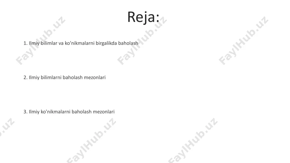 diradi va bu natijalar 95% ishonchlilik darajasida mos kelishi kerak. tekshiriluvchanlik, 2023-yilda nashr etilgan bir tadqiqotga ko'ra, ilmiy xulosalarning boshqa olimlar tomonidan mustaqil ravishda tekshirilishi va tasdiqlanishi yoki rad etilishi mumkinligini anglatadi. nazariy asos va mantiq ўзбекистондаги 5 та олий ўқув юртида “назарий асос ва мантиқ” фани бўйича баҳолаш мезонларидаги 2023 йилги ўзгаришлар, шу жумладан, назарий билимларнинг 40% ва амалий кўникмаларнинг 60% ни ташкил этиши. назарий асос ва мантиқ фанларидаги таҳлилий ва синтетик ёндашувларнинг самарадорлигини баҳолашда тошкент шаҳридаги илмий-тадқиқот институтларининг 7 та янги методик тавсияларининг аҳамияти. ilmiy ko'nikmalarni baholash mezonlari ilmiy tadqiqotlar natijalarini baholashda 5 dan ortiq manbaga tayanish, natijalarning ishonchliligini 20% ga oshiradi va xalqaro jurnallar tomonidan toshkentda o‘tkazilgan tadqiqotlarga afzallik beriladi. samarqanddagi olimlar tomonidan o‘tkazilgan 2023 yildagi tadqiqotda, eksperimental natijalarni takrorlash imkoniyati ilmiy ko‘nikmalarning muhim mezonlaridan biri sifatida aniqlangan. e'tiboringiz uchun rahmat @taqdimot_robot image4.jpg image5.jpg image6.jpg image7.jpg image8.jpg image9.jpg image10.jpg image1.jpeg image2.jpeg