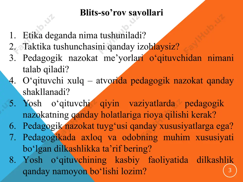 , burchi alohida tahlil etilishi mumkin.o’qituvchilik kasbi kishiga ma‘lum talablarni qo’yadi, lekin muallim bu talablarni qanday bajarayotgani bu talablarda hali aks etmaydi. 12 o‘qituvchi axloqiy-ma’naviy qiyofasini namoyon etuvchi me’yor tuyg‘usi yoki xulq va odob qoidalariga rioya qilishi demakdir. pedagogik nazokat o‘qituvchining o‘quvchilar bilan o‘zaro munosabatini tashkil qilish vositasi. psixologik til bilan aytilganda, nazokat insonning bir qolipdagi barqaror tasavvurlarida mujassamlashgan shaxsiy insoniy hislatlarining yig‘indisidir. pedagogik nazokat 13 o‘qituvchi deyarli har kuni o‘quvchilar bilan uchrashadi, savol-javob qiladi, ularning yaxshi xulq va ezgu ishlarini ma’qullaydi, bilimlarini baholaydi, nojo‘ya hatti-harakatlari uchun tanbeh berib, lozim bo‘lganda tarbiyaviy metodlarni qo‘llaydi. pedagogik nazokat doimiy izlanishni, ijodkorlikni talab qiladi. doimiy ijodiy izlanishda bo‘lgan o‘qituvchi tadqiqotchilik ko‘nikma va malakalariga ega bo‘ladi, ilm-fan muammolari, tarbiya etikasi va psixologiyasi yuzasidan erkin fikr yurita oladi. 14 o‘quvchilar bilan munosabatlarda pedagogik nazokatni qo‘llash natijasida o‘qituvchi o‘quvchilarning xarakterini, ichki dunyosini yaxshi bilib oladi, o‘quvchilar bilan munosabatda do‘stona muloqot qilish imkoniyatlari paydo bo‘ladi; o‘qituvchi o‘quvchilar …