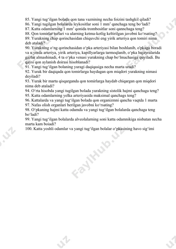 di? 60. qaysi bezning gormoni yetishmasa pakanalik va me’yoridan ortib ketsa boʻy uzunligi kelib chiqadi? 1.agar gipofizning oldingi bo'lagi olib tashlansa, organizmda qanday oʻzgarish kelib chiqadi? 62. gipofizning o‘rta bo‘lagidan qanday gormon ajralib chiqadi? 63. gipofizning orqa bo'lagidan qanday gormonlar ajralib chiqadi? vozoprosin va oksitotsin 64. qalqonsimon bez gormonining nomini koʻrsating? tiroksin 65. tiroksin tarkibidaqancha yod bo‘ladi? 66. quyida keltirilgan qaysi gormon moddalar almashinuvining kuchli stilmulyatori hisoblanadi, u biokimyoviy reaksiyalarni tezlashtiradi, markaziy nerv sistemasiga va barcha organlarga ta’sir ko‘rsatadi? 67. qalqonsimon bez funksiyalarining buzilishiga bog‘liq kasalliklar berilgan javobni koʻrsating? 68. qalqonsimon bez oldidagi bezchalarning gormoni nima deb ataladi? paratireoidin 69. qalqonsimon bez oldidagi bezchalarning giperfunksiyasida qanday holat yuzaga keladi? 70. buyrak usti bezi mag‘iz qavatning muhim gormoni nomini koʻrsating? 71. qaysi bezining po‘stloq qismidan 3 ta asosiy gormon: glyukokortikoid gormonlar, mineralokortikoidlar hamda erkak va ayol jinsiy gormonlari ishlab chiqariladi? 72. ayrisimon bezda qaysi gormon ishlab chiqariladi? 73. chaqaloqlarda ayrisimon bezining …