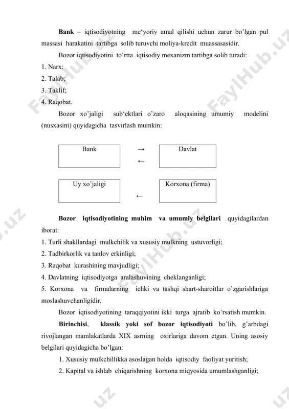amal qilgan holda iqtisodiy va tadbirkorlik faoliyati yuritilishi; 2. kapital va ishlab chiqarishning yuqori darajada umumlashganligi, mulkning bir qismi yirik monopoliyalar va davlat qo’lida to’planib, milliy va xalqaro miqyosda umumlashganligi; 3. iqtisodiyotni tartibga solishda davlatning faol ishtiroki. davlat fan-texnika taraqqiyotini qo’llash, turli iqtisodiy tadbirlarni o’tkazish, rivojlanish istiqbolini aniqlash, turli sohalar va tarmoqlar o’rtasidagi nisbatlarni tartibga solish chora-tadbirlarini belgilash vazifalarini bajaradi. 4. xo’jaliklarni yuritishda reja usulidan foydalanishning kuchayishi (biznes rejasi, marketing tizimi orqali boshqarish). 5. ijtimoiy himoyaing kuchayishi. bunda davlatga, jamoalar va xususiy kishilarga tegishli turli xil ijtimoiy ta‘minot va ijtimoiy sug’urta fondlarining vujudga kelishi. hozirgi zamon bozor xo’jaligi iqtisodiy xususiy va davlat sektorlarining o’zaro aloqasiga asoslanadi. har qanday iqtisodiy tizim singari bozor iqtisodiyoti ham iqtisodiyotnig umumiy muammolarini ifoda etuvchi qo’yidagi savollarga javob topishi zarur: ya‘ni, nima va qancha miqdorda ishlab chiqarish zarur? qanday texnika va texnalogiya bilan ishlab chiqarish zarur? kim uchun ishlab chiqarish zarur? bozor iqtisodiyoti sharoitida: 1. ko’proq …