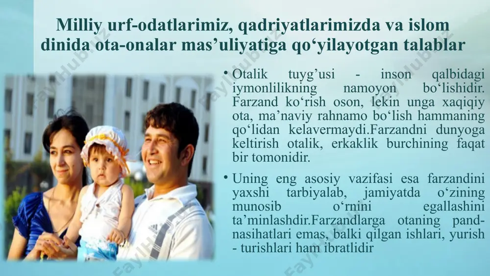 onining zarur buginiga ham aylantiradi. ota-onaning tinch-totuvligi va o‘zaro mehr-muhabbati ularning dunyoqarashi, ma’naviy saviyasi, qiziqishi, e’tiqodi, moddiy tengligi, jamiyatdagi mavqei, husn-latofati, qalblarining moyilligiga bog’liqdir. foydalanilgan adabiyotlar rо‘yxati i. manbalar о‘zbekiston respublikasining “ta’lim tо‘g‘risida”gi qonuni / barkamol avlod –о‘zbekiston taraqqiyotining poydevori –t.: sharq nashriyot-matbaa konserni, 1997. 20-29 b. о‘zbekiston respublikasining “kadrlar tayyorlash milliy dasturi” barkamol avlod - о‘zbekiston taraqqiyotining poydevori.- t.: sharq nashriyot-matbaa konserni, 1997, 31-61-b. ii. adabiyotlar mavlonova r.,o`to`raeva,k.xoliqberdiev.pedagogika.-t.:"o`qituvchi", 2002. mavlonova r., b. normurodova, n. rahmonqulova, tarbiyaviy ishlar metodikasi.- t.:"tib-kitob", 2010. ortiqov n.o., jo’rayev a.j. maktab, oila va jamoatchilik hamkorligi kengashi. t.:“o’qituvchi”, 1989. m.imomova. oilada bolalarning ma‘naviy-axloqiy tarbiyasi. – t., 1999. j.yo’ldoshev. o’quvchi ma‘naviyatini shakllantirish. – t., «sharq», 2000. r.mavlonova, o.to’raeva, k.xoliqberdiev. pedagogika. –t., iii. internet - resurslari w.w.w. ziyonet . uz w.w.w. pedagog. uz arxiv.uz www.bilimdon.uz www.ziyo net.uz image2.png image5.png image6.png image7.png image8.png image9.png image1.png /docprops/thumbnail.jpeg