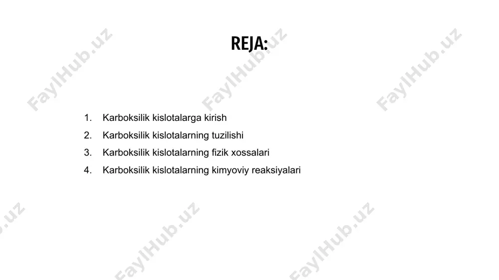 larni suvda eriydi va ularga aniq hid va kislotali ta'm beradi. 02 karboksilik kislotalarning kimyoviy reaksiyalari karboksilik kislotalar turli xil kimyoviy reaksiyalarga kirishadi, jumladan nukleofil atsil almashtirish va dekarboksillanish. bu reaktsiyalar natijasida efirlar, amidlar va kislota galogenidlari kabi hosilalar hosil bo'ladi. nukleofil atsil almashtirishda karboksilik kislota nukleofil bilan reaksiyaga kirishib, oraliq mahsulot hosil qiladi, so‘ngra kerakli hosilani olish uchun keyingi reaksiyalarga kirishadi. bu reaksiya ko'pincha turli birikmalar sintezida qo'llaniladi. dekarboksillanish - bu karboksilik kislotalarning yana bir muhim reaktsiyasi bo'lib, u yangi birikma hosil qilish uchun karboksil guruhini olib tashlashni o'z ichiga oladi. bu jarayon ko'pincha yog' kislotalari va boshqa tabiiy mahsulotlarning biosintezida qo'llaniladi. karboksilik kislotalarning nomenklaturasi haqida gap ketganda, ota-ona zanjiri karboksilik kislota guruhini o'z ichiga olgan eng uzun uzluksiz uglerod zanjiri asosida nomlanadi. karboksilik kislotalarning nomenklaturasi karboksilik kislotani bildirish uchun alkan zanjirining ildiz nomiga "-oy kislotasi" qo'shimchasi qo'shiladi. masalan, metan metanoik kislotaga aylanadi. sirka kislotasi kabi umumiy karboksilik kislotalar …