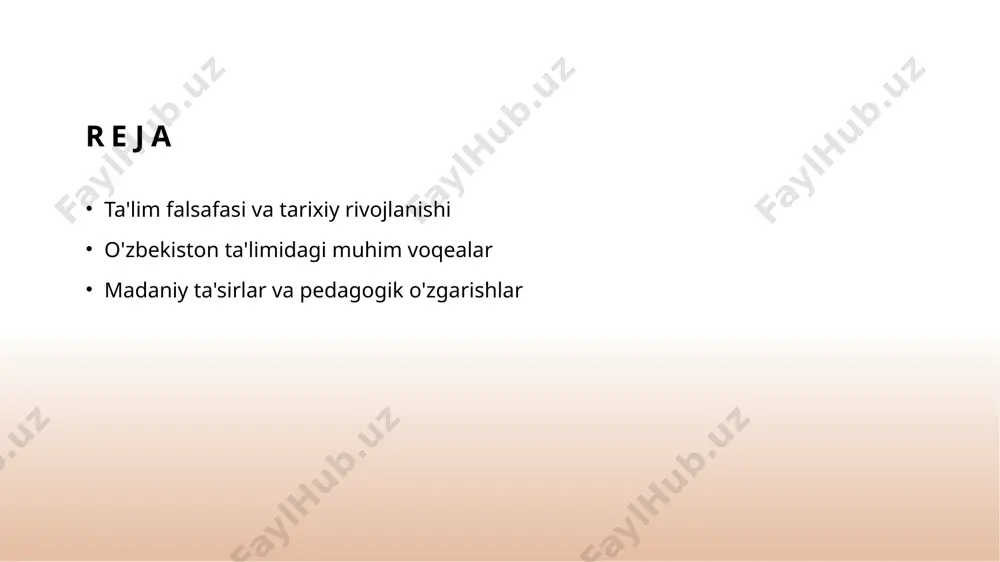 g paydo bo'lishiga olib keldi, bu esa ta'lim sifatini oshirdi. o'zbekiston ta'limida islohotlar: tarixiy bosqichlar va ularning ta'siri. 1 mustaqillikdan oldingi islohotlar o'zbekiston ta'limida islohotlar mustaqillikdan oldin, 20-asrning boshlarida boshlangan bo'lib, u zamonning siyosiy va ijtimoiy o'zgarishlariga bog'liq edi. 2 mustaqillikdan keyingi o'zgarishlar 1991-yildan keyin o'zbekistonda ta'lim tizimida tub islohotlar amalga oshirildi. bu islohotlar ta'lim sifatini oshirish va zamonaviy standartlarga muvofiqlikni ta'minlashga qaratilgan. 3 ta'limda xalqaro tajribalar o'zbekiston ta'lim tizimida xalqaro tajribalar qo'llanilib, davlatlararo hamkorlik orqali yangi pedagogik yondashuvlar va metodlar joriy etilmoqda. bu ta'lim sifatini yanada oshirishga yordam bermoqda. o'zbekistondagi ta'lim tizimi: mustaqillikdan keyingi o'zgarishlar. 1 mustaqillik va ta'lim o'zbekistonda mustaqillikdan so'ng ta'lim tizimi tubdan o'zgardi. yangi qonunlar va dasturlar orqali ta'lim sifatini oshirishga intilmoqda. 2 ta'lim islohotlari 1997 yildan boshlab o'zbekistonda ta'lim islohotlari amalga oshirildi. ular maktab, o'rta maxsus va oliy ta'limni modernizatsiya qilishni o'z ichiga oldi. 3 innovatsion yondashuvlar ta'lim tizimida innovatsion yondashuvlar, masalan, axborot texnologiyalaridan foydalanish, …