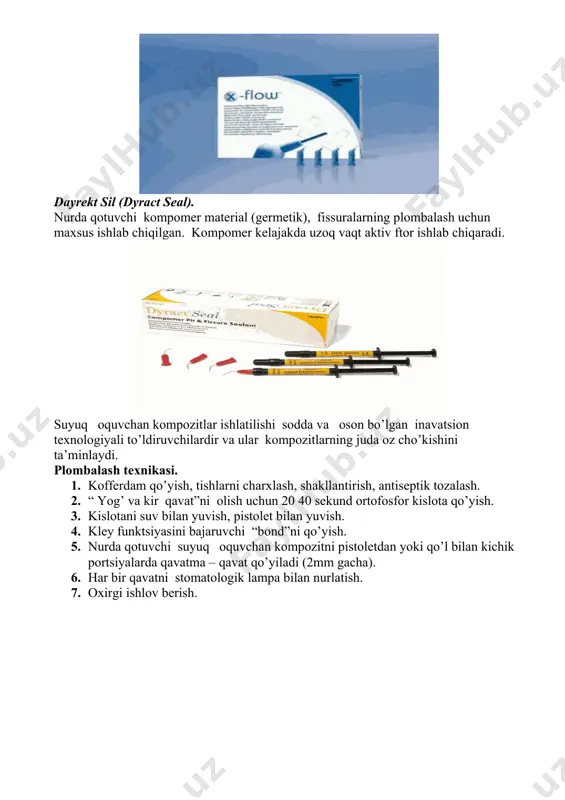 ompozitni pistoletdan yoki qo’l bilan kichik portsiyalarda qavatma – qavat qo’yiladi (2mm gacha). 6. har bir qavatni stomatologik lampa bilan nurlatish. 7. oxirgi ishlov berish. ko’rsatma. 1. blek bo’yicha 3 – va 4 – kariyes kovaklari. 2. emalni kichik yemirilishi. 3. blek bo’yicha 2 – kariyes kovagida tunnel sharxlash texnikasi qo’llanganda. . 4. forfordan viner va qistirmalar qo’yilganda. 5. metalkeramikadan qoplama tayyorlanayotganda kemtiklarni restavratsiyasida. 6. fissuralar germetizatsiyasida. 7. chaynov yuzalardagi kichik hajmdagi kovaklarda. 8. ponasimon kemtik va bo’yin sohasidagi yemirilishlarda (abfraktsionnыy defekt) oquvchan ( suyuq, “flowable ”) kompozitlar. № material ishlab chiqqan firma 1 revolution formula keer 2 point 4 flowable keer 3 primise flowable keer 4 filtek supreve xt flowable 3 m espe 5 charisma flow heracus / kulzer 6 venus flow heracus / kulzer 7 flow line heracus / kulzer 8 x - flow dentsply 9 palfique estelite l.v/low flow tokuyama 10 palfique estelite l.v/low flow tokuyama 11 …