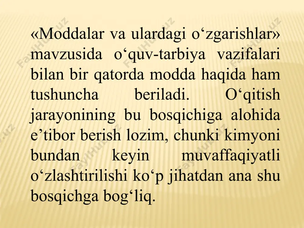 siyaning borishi sharoitini, tezligi va qaytarligini, o‘zgaruvchan kimyoviy muvozanatni, kimyoviy reaksiyaning energetik va boshqa tomonlarini bilish hozirgi kimyoviy ishlab chiqarishning ilmiy mohiyatini yoritib berish asosini tashkil qiladi. kimyoviy reaksiya tushunchasi o‘quvchilarda ilmiy dunyoqarashning shakllanishiga yordam beradi. u miqdorning sifatga o'tishini yaqqol ifo- dalaydi, tabiatni ilmiy tushunishlariga asos bo‘ladi. 0‘qituvchi o‘quvchilarda kimyoviy reaksiya haqidagi tushun- chani, odatda, quyidagicha hosil qiladi. kimyoning asosiy qonunlari. massaning saqlanish qonuni avagadro qonuni tarkibning doiyimiylik qonuni karrali nisbatlar qonuni massaning saqlanish qonuni massaning saqlanish qonuni moxiyatini bolalarga yetkazib berish. qonuni misollar bilan izohlash kerak bo’ladi, + = tarkibning doiyimiylik qonuni tarkibning doyimiylik qonuni moxiyati tushuntirish va unga bo’ysunmaydigan va bo’ysunadigan moddalarni tushunturish. avagadro qonuni avagadro qonuni izohlash vva gazlar bilan tushunturish kerak e’tiboringiz uchun tashakkur!!! image3.png image4.jpeg image5.jpeg image6.jpeg image7.jpeg image8.png image9.png image10.jpg /docprops/thumbnail.jpeg