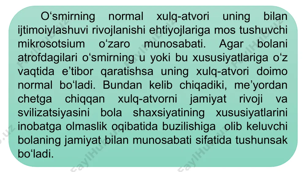 bilitatsiyaning asosiy tamoyillari: -mintaqaviy xususiyatlarni, mintaqadagi ijtimoiy-madaniy va iqtisodiy holatni inobatga olish, sheriklik; reabilitatsion chora-tadbirlarning keng qamrovliligi; ketma-ketlik;individual, insoniy yondashuv.mintaqaviy ijtimoiy-madaniy va iqtisodiy vaziyatni bilish tamoyili bolalar kontingentlari, muassasalar strukturasini bilishni taqozo etadi. sheriklik tamoyili ( ijtimoiy pedagog, shifokor, psixolog-bola) barcha psixologik-pedagogik va reabilitatsion chora-tadbirlarni bola shaxsi orqali amalga oshirilishidan iborat. keng qamrovlilik tamoyili reabilitatsion dasturni amalga oshirishdagi turli chora-tadbirlar komelksini koʻzda tutadi. reabilitatsiyaning quyidagi bosqichlari mavjud: oilaviy, ijtimoiy va taʼlim va b. reabilitatsiya xizmatining asosiy vazifalari quyidagilar: -bolalar va oʻsmirlar rivojlanishidagi oʻzgarishlar sabablarini aniqlash; -ularni bartaraf etish vositalarini qidirish; -taʼlim-tarbiya, yashash sharoitlarini optimallashtirish; -normal shaxs rivojlanishiga yordam beruvchi pedagogik jarayonni tashkil qilish; -tavakkal guruhi bolalari va oʻsmirlarini oʻz vaqtida aniqlash; -oʻsmirlarning ruhiy inqirozini yengib oʻtish; -maxsus reabilitatsion dasturlarni amalga oshirish orqali muhtojlarga har tomonlama yordam koʻrsatish. reabilitatsiyaning asosiy tamoyillari: -mintaqaviy xususiyatlarni, mintaqadagi ijtimoiy-madaniy va iqtisodiy holatni inobatga olish, sheriklik; reabilitatsion chora-tadbirlarning keng qamrovliligi; image12.jpeg image13.jpeg image14.jpeg image15.jpeg image16.jpeg /docprops/thumbnail.jpeg