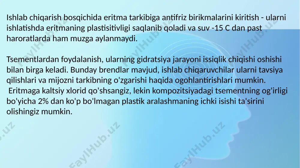 latiladigan elektrodlar orqali o'tadi; aralashmani quyishdan oldin maxsus isitish kabeli yotqiziladi. foydalanilgan adabiyotlar oclon va temir-betoll buyumlari ish lob l'hiqarish tcxnologiyasi: darslikl h. a. akramov. h. n. nurildillov; http://stroy-vibor.ru http://srcyrl.borida.net/ google.com image1.png image2.png image3.png image4.png image5.png image6.png image7.png image8.png image9.png image10.png /docprops/thumbnail.jpeg