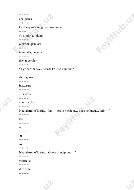r qanday sanaladi? = = = = #so’z oxiridan = = = = so’z boshidan = = = = so’z o’rtasidan = = = = umuman sanalmaydi + + + + cho’ziqlik belgisi bu… = = = = #¯ = = = = ~ = = = = ¨ = = = = ˇ + + + + qisqalik belgisi bu… = = = = #ˇ = = = = ¨ = = = = ~ = = = = < + + + + cho’ziqlik qoidasining birinchi qonuni … . = = = = #diftonglar doim cho'ziq = = = = -al, -at, -ar, -in, -os, -ur suffikslari doim cho’ziq = = = = bitta unlidan keyin ketma-ket undoshlar kelsa = = = = bitta undoshdan keyin ketma-ket unlilar kelsa + + + + cho’ziqlik qoidasining ikkinchi qonuni … = = = = #ikki undosh tovush oldida kelgan unli …
