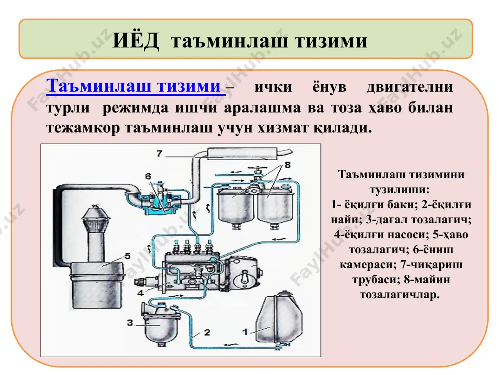 қилғи чўкиндиларини тўкиш учун хизмат қилади. 1- ёқилғи сатҳини ўлчаш чизғччи; 2 -тўр фильтри; 3 - бак бўшлиғини атмосфера билан туташтирувчи тешик; 4- бўғиз қопқоғи; 5 -қуйиш бўғзи; 6-труба; 7-сарфлаш крани; 8-тўкиш кранн; 9 -корпус. фильтр: ёқилғини механикавий аралашма ва сувдан тозалашга мўлжалланган восита ҳисобланади. дизел двигателларда ёқилғи икки турдаги яъни қайта, бирламчи дағал, ва иккиламчи майин тозалаш фильтрларида тозаланади дағал филтрлар. ёқилғидан йирик механик аралашмалар ва майда сув томчиларини ажратиш учун хизмат қилади. дағал фильтрнинг асоси чуяндан қуюлиб унинг пастига стакан маҳкамланади. ёкилги дағал фильтрга паст босимли ҳайдаш насоси томонидан ҳосил қилинадиган сийракланиш натижасида келтирилади. тақсимлаш диски тешикчаларидан ўтган ёқилғи конуссимон қайтаргичдан бир текисда оқиб тушиб тиндиргич ҳажмига стакан ва қайтаргич орасидаги тирқиш орқали тушади. майин филтрлар майда механик заррачаларни ёкилгидан ажратиш учун хизмат килади. майин филтр асосан, бир ёки икки филтрлаш элементлардан иборат, бу турдаги фильтрлар одатда тракторларга ўрнатилади. ҳаво фильтрлари ҳаво таркибидаги чанг асосан (қум тупроқ)нинг энг …