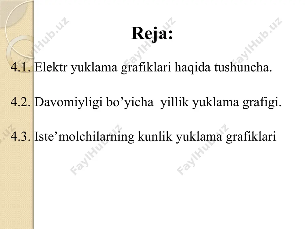 himoya qurilmalari va ularning ustavkalarini tanlash uchun 2- rasm. aktiv energiya o‘lchov asbobi bo‘yicha yuklama grafigi. 1- rasm. qayd etuvchi asboblari yozuvi bo’yicha yuklama grafigi. yuklama grafigi hususiy guruhiy p(t), q(t), i(t) p(t), q(t), i(t) qurilishiga ko’ra davomiyligi bo’yicha kunlik yillik 4.2. davomiyligi bo’yicha yillik yuklama grafigi bu grafik turli yuklamali uskunalarning yil davomida ishlash vaqtini ko‘rsatadi. ordinata o‘qi bo‘yicha yuklamalar tegishli masshtabda ajratiladi, absissa o‘qi bo‘yicha esa 0 dan 8760 gacha yil soatlari yuklamalar grafigida, ularni kamayishi bo‘yicha pmax dan pmin gacha joylashtiriladi. 3. davomiyligi bo’yicha yillik yuklama grafigi davomiyligi bo’yicha yillik yuklama grafigi ma’lum yillik grafiklar asosida quriladi. 4-rasmda, mavjud ikkita qishki (183 kun) va yozgi (182 kun) kunlik yuklama grafiklari asosida yillik grafikni qurish usuli ko‘rsatilgan. eng ko‘p tarqalgan elektr energiyasi iste’molchilari uchun ma’lumotlarda aktiv va reaktiv yuklamalarning doimiylik bo‘yicha na’munaviy grafiklari keltiriladi. 4. yuklama davomiyligi bo’yicha yillik yuklama grafigi kurish usuli 4.3. iste’molchilarning kunlik yuklama grafiklari …