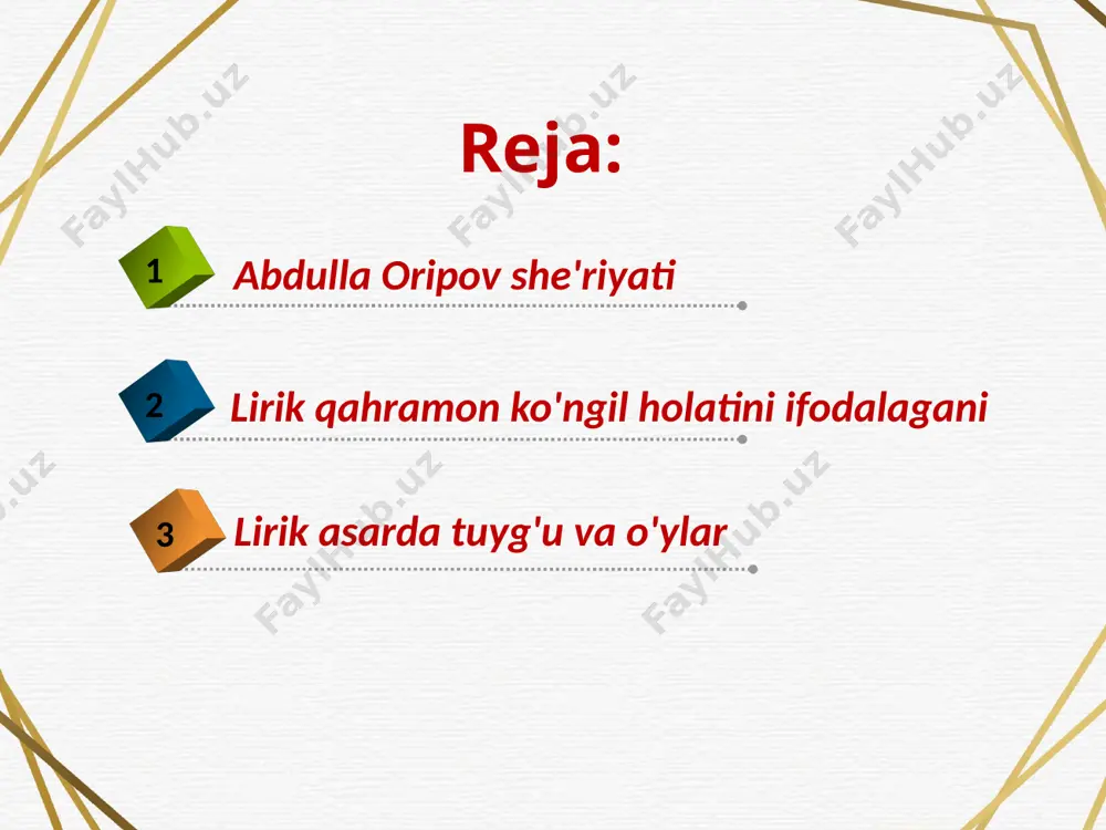 olatini. "asahlar tuproqqa cho'kkan edi tiz" tarzida beradi. o'zining pokiza yoshlik davrini esa "yiroq-yiroqlardan mungli va uzun turnalar tovushin tinglardim faqat' — deya ifodalaydi. o'zbek xalqining yig'ma obrazi: "sonsiz egatlarga sochilmish, ana, mening orzularim, mening o'ylarim“ tarzida umumlashtiriladi. shoirning: "qaro sochlaringda oppoq alanga" degan tashbihi aniqligi bilan ham, ta'sirchanligi bilan ham ko'ngilni rom etadi. «shabnam shovullaydi bog’lar qo'ynida salqin tumanichra ho'zarar tonglar, quyoshning erinchak yog'dularida nafis yaltiraydi bargi xazonlar». uning she'riyatida vatan timsoli qanday chizilganiga e'tibor qiling: abdulla oripov she'riyatini millat rullining timsoliga aylantirgan sifatlardan yana biri undagi obrazlarning teran xalqchil tomirlarga egaligida. eng murakkab holatlarni ham g'oyat ulkan nazokat va yuksak madaniyat bilan ta'sirli qilib o'zbekcha ifodalay bilish shoir she'rlarining qimmatini oshiradi. shoir deyarli hamisha she'riy ifodaning aniq va sezimlarga ta'sir ko'rsata oladigan bo'lishiga erishadi. uning: "oyoqlangan qo'ziday dovdirar yelda maysa, ko'm-ko'k moviy osmonda kezib yurar oq bulut" kabi satrlarida qo'llanilgan tasllbihlar hayotiy asosi chuqur hamda hissiy qudrati tengsizligi …