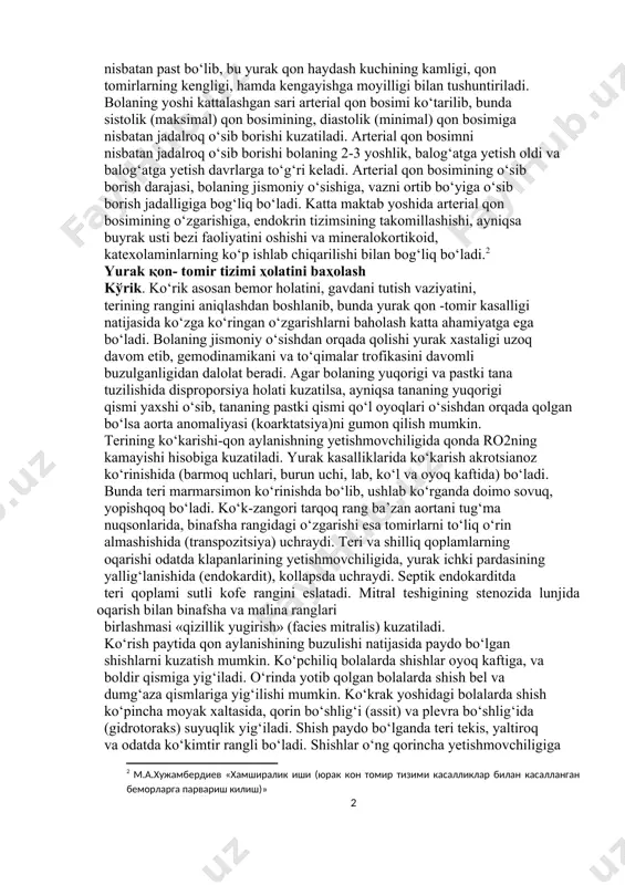 bolalarda bir daqiqada puls tezligi o‘rtacha quyidagicha: chaqaloqlarda 135-140 ta,1 yoshda 120-125 ta, 5 yoshda 98 - 100 ta,10 yoshda 78 -85 ta, 14 yoshda 72-78 ta. bolalarda yoshga qarab tomir urushining kamayib borishi parasimpatik nerv tizimsi tonusining oshishi va modda almashuv darajasining pasayib borishi bilan tushuntiriladi. arteriya қon bosimi. kichik yoshdagi bolalarda arterial qon bosimi nisbatan past bo‘lib, bu yurak qon haydash kuchining kamligi, qon tomirlarning kengligi, hamda kengayishga moyilligi bilan tushuntiriladi. bolaning yoshi kattalashgan sari arterial qon bosimi ko‘tarilib, bunda sistolik (maksimal) qon bosimining, diastolik (minimal) qon bosimiga nisbatan jadalroq o‘sib borishi kuzatiladi. arterial qon bosimni nisbatan jadalroq o‘sib borishi bolaning 2-3 yoshlik, balog‘atga yetish oldi va balog‘atga yetish davrlarga to‘g‘ri keladi. arterial qon bosimining o‘sib borish darajasi, bolaning jismoniy o‘sishiga, vazni ortib bo‘yiga o‘sib borish jadalligiga bog‘liq bo‘ladi. katta maktab yoshida arterial qon bosimining o‘zgarishiga, endokrin tizimsining takomillashishi, ayniqsa buyrak usti bezi faoliyatini oshishi va mineralokortikoid, katexolaminlarning …