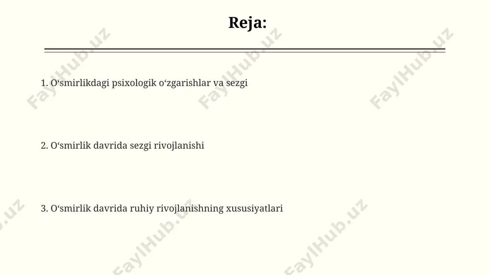 uruhlari muhim rol oʻynaydi, 13-15 yosh oraligʻida 5-7 kishidan iborat guruhlarda oʻz oʻrnini topishga harakat qiladilar, bu esa oʻz-oʻzini anglashga va shaxs sifatida rivojlanishga yordam beradi. oilaviy munosabatlarning sifati oʻsmirlik davridagi ijtimoiy moslashuvga sezilarli ta’sir koʻrsatadi. tadqiqotlar shuni koʻrsatdiki, 20% dan ortiq oilaviy muammolarga duch kelgan oʻsmirlar andijon viloyatida, tengdoshlar bilan munosabatlarida qiyinchiliklarga duch kelishadi. hissiy-irqiy oʻzgarishlar hissiy-irqiy oʻzgarishlar, masalan, oʻziga xos xulq-atvor, his-tuygʻularning tez oʻzgarishi bilan namoyon boʻlib, bu jarayonlar miya qobigʻining 20% gacha rivojlanishi bilan uzviy bogʻliqdir. oʻsmirlik davrida hissiy-irqiy oʻzgarishlar 13-15 yosh oraligʻida, ayniqsa, gormonlar darajasining keskin oʻzgarishi bilan bogʻliq boʻlib, qizlarda hayz koʻrish boshlanishi bilan birga kuzatiladi. andijon viloyatida oʻtkazilgan tadqiqotlar shuni koʻrsatdiki, oʻsmirlarning 75% hissiy-irqiy oʻzgarishlarni boshdan kechirgan boʻlib, ularning koʻpchiligi oilaviy muhit va oʻquv jarayonidagi stress bilan bogʻliq. oʻsmirlik davrida psixikaning rivojlanish xususiyatlari adolesentlarda (13-17 yosh) ijtimoiy taqqoslashning kuchayishi va oʻziga xos identifikatsiya izlanishi kuzatiladi, bu esa samarqand yoki buxoroda yashovchi oʻsmirlarning guruhga boʻlgan …