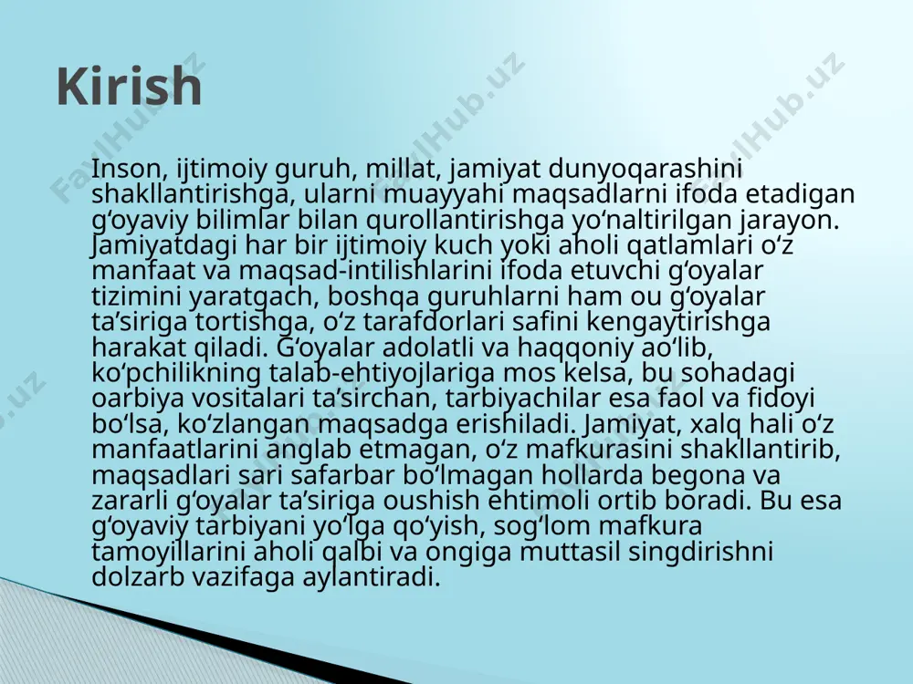 omil — ma’lumotning nima vositasida uzatilishi masalasi dolzarbdir. albatta, odamlarga yuzma-yuz turib, o‘z fikr va e’tiqodini bayon etish eng ta’sirchan usuldir. shundan kelib chiqib, aytish mumkinki, tinglovchi bilan aloqa bevosita yoki bavosita bo‘ladi. mafkuraviy tarbiya shakli,metod va vositalari psixologik jihatdan auditoriyaning to‘rt turi farqlanadi: 1. passiv o‘zlashtiruvchi auditoriya. bu o‘zini xolis baholay olmaydigan sodda insonlar bo‘lib, ularga o‘z navbatida sodda, tushunarli, qiziqish uyg‘otuvchi ma’lumotlar yoqadi. mafkuraviy mavzudagi axborotlar ham hayotiy, lo‘nda fikrlarda bayon etilsa, ularda ijobiy munosabat shakllanadi. 2. faol, ijtimoiy jihatdan barkamol auditoriya. bular ma’lumotli, ziyoli, yangilikka o‘ch insonlar bo‘lib, ularga ta’sir ko‘rsatuvchi har qanday axborot muammoli, dolzarb, bahstalab bo‘lgani ma’qul. talabalar, magistrant, aspirantlar, olimlar shular jumlasidandir. mafkuraviy tarbiya shakli,metod va vositalari 3. «e’tiqodi sust» auditoriya. bular ma’lum sabablarga ko‘ra, tarbiyasi og‘ir kimsalar toifasiga kirib qolgan, hayotda aniq maqsadi va maslagi yo‘q, o‘z ustida ishlamaydigan insonlar. ularning orasida asosan o‘smir va o‘spirinlar ko‘p bo‘ladi. diniy aqidaparastlarning domiga tushib qolgan …