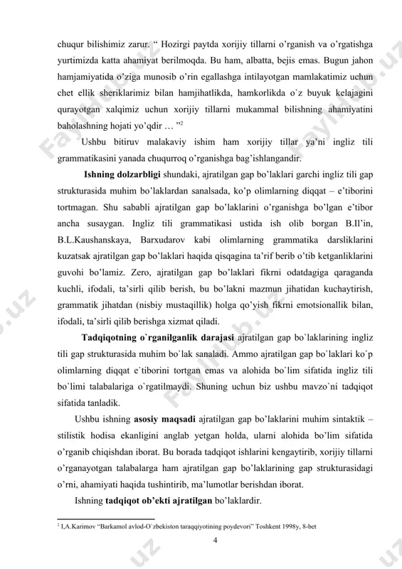 ri haqida qisqagina ta’rif berib o’tib ketganliklarini guvohi bo’lamiz. zero, ajratilgan gap bo’laklari fikrni odatdagiga qaraganda kuchli, ifodali, ta’sirli qilib berish, bu bo’lakni mazmun jihatidan kuchaytirish, grammatik jihatdan (nisbiy mustaqillik) holga qo’yish fikrni emotsionallik bilan, ifodali, ta’sirli qilib berishga xizmat qiladi. tadqiqotning o`rganilganlik darajasi ajratilgan gap bo`laklarining ingliz tili gap strukturasida muhim bo`lak sanaladi. ammo ajratilgan gap bo`laklari ko`p olimlarning diqqat e`tiborini tortgan emas va alohida bo`lim sifatida ingliz tili bo`limi talabalariga o`rgatilmaydi. shuning uchun biz ushbu mavzo`ni tadqiqot sifatida tanladik. ushbu ishning asosiy maqsadi ajratilgan gap bo’laklarini muhim sintaktik – stilistik hodisa ekanligini anglab yetgan holda, ularni alohida bo’lim sifatida o’rganib chiqishdan iborat. bu borada tadqiqot ishlarini kengaytirib, xorijiy tillarni o’rganayotgan talabalarga ham ajratilgan gap bo’laklarining gap strukturasidagi o’rni, ahamiyati haqida tushintirib, ma’lumotlar berishdan iborat. ishning tadqiqot ob’ekti ajratilgan bo’laklardir. tadqiqot predmeti ingliz tili mualliflarining badiiy asrlaridan fodalanib ajratilgan gap bo`laklarining sintaktik tahlil etish. qo’yilgan maqsadga erishish quyidagi asosiy …