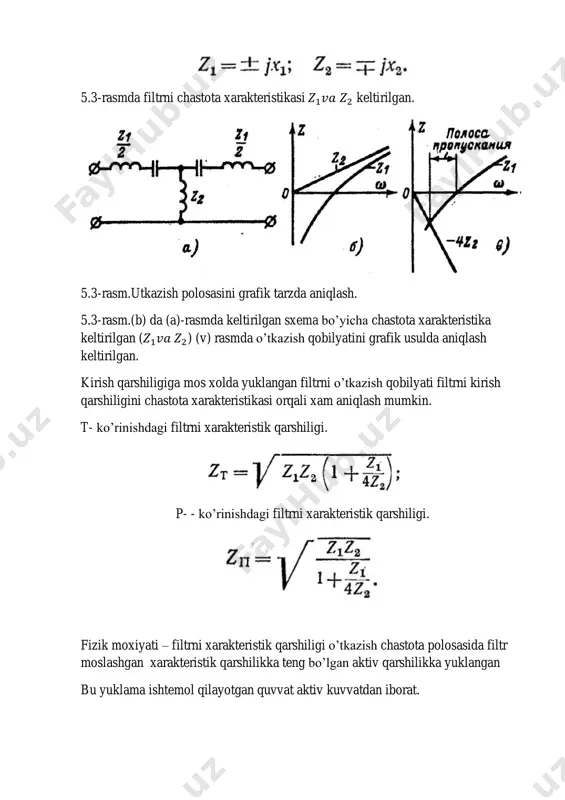 fik usulda aniqlash kelib chiqadi. filtrni xarakteristik qarshiligi , qarshiliklari bilan quyidagicha botlangan. 5.4-rasm. (b) da (a) rasmdagi filtrni egri chiziti keltirilgan. 5.4-rasm- o’tkazish polosasini grafik usulda aniqlash. o’z-aro ko’paytirib ildizdan chiqarsak (v) rasmdagi egri chiziq xosil bo’ladi. filtrni xarakteristik qarshiligi o’tkazish polosasida xaqiqiy qiymatga ega. ko’rinadiki bu o’tkazish polosasi chastota bilan chegaralangan, bu chegaralangan polosa ichida turli ishoraga ega, polosadan tashqarida bir xil ishoraga ega. o’tkazish polosasi tashqarisida bir-xil ishoraga ega, xarakteristik qarshilik mos xolda mavxum qiymatga ega.5.4-rasm. uzuk chiziq bilan ko’rsatilgan.