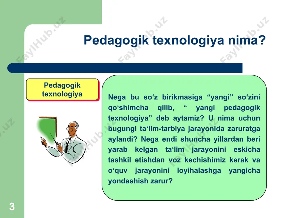 lo, pedagogik texnologiya usulining muhim belgilarini aniqlash talab etiladi. pedagogik adabiyotlarni o‘rganish va tahlil etish pedagogik texnologiyaning muxim xususiyatlari, belgilari qatorida quyidagilarni ko‘rsatishga imkon beradi: -ta‘lim jarayonini oldindan loyihalash va sinfda o‘quvchilar bilan qayta ishlab chiqish; -tizimli yondashuv asosida talabaning o‘qish-blish faoliyati tasvirlaydigan ta‘lim jarayoni loyihasini tuzish; -ta‘lim maqsadi real, aniq diagnostik bo‘lishi va o‘quvchining bilim o‘zlashtirish sifatini ob‘ektiv baholash; -ta‘lim jarayonining tuzilishi va mazmuni yaxlitligi, o‘zaro bog‘liq va o‘zaro ta‘sirda bo‘lishi; -ta‘lim shakllarini optmallashtirish (qulaylashtirish); -ta‘lim jarayonida taxnik vositalar va inson salohiyatining o‘zaro ta‘sirini hisobga olish; -ta‘lim maqsadlarini ko‘zlangan etalon asosida таълим коидалари таълимнинг илмий бўлиш қоидаси таълимда кўрсатмалилик қоидаси таълимнинг тизимли ва изчил бўлиши қоидаси таълимда ҳар қайси ўқувчига хос хусусиятларни ҳисобга олиш таълим ва тарбиянинг бирлиги қоидаси пухталик таълимда назариянинг амалиёт билан боғлиқ бўлиши таълимнинг тарбияловчилик характери таълимда онглилик, фаоллик ва мустақиллик қоидаси таълим методлари дарснинг анъанавий методлари ўқитишнинг оғзаки усуллари ўқитишнинг индуктив ва дедуктив усули ўқитишнинг …