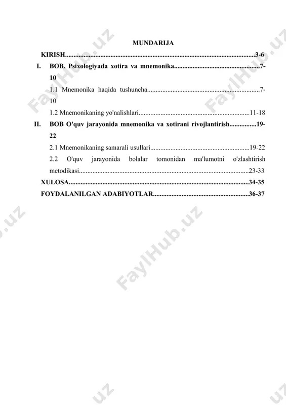 o'rgatish usullarini ko'rib chiqish tadqiqotning uslubiy asosi bu boradagi ilmiy psixologik adabiyotlarni tahlil qilish, shuningdek, mahalliylashtirilgan metodologiya va dialektik tamoyil. mnemonikani o'rgatish va xotirani rivojlantirish ko'nikmalarini o'rganishning amaliy ahamiyati xotira va inson miyasini o'rganish sohasidagi mutaxassislar tomonidan tadqiqot natijalarini amaliy qo'llashdadir. mavzuning dolzarbligi. dastlab, mnemonika ritorikaning (notiqlik) ajralmas qismi sifatida paydo bo'lgan va uzoq nutqlarni yodlash uchun mo'ljallangan edi. zamonaviy mnemonika nazariy va texnik jihatdan sezilarli yutuqlarga erishdi va nafaqat matnli materialning ketma-ketligini xotirada tuzatishga imkon beradi, balki an'anaviy ravishda esda qolarsiz deb hisoblangan har qanday aniq ma'lumotni aniq eslab qolish imkonini beradi: telefon raqamlari ro'yxati, xronologik. jadvallar, turli xil raqamli jadvallar, shaxsiy ma'lumotlar, katta miqdordagi terminologiya va raqamli ma'lumotlarni o'z ichiga olgan murakkab o'quv matnlari va boshqalar. mnemonikani o'zlashtirish - instrumental mahorat o'zlashtirish. mnemonikani o'rganishni yozishni o'rganish, stenogramma bilan solishtirish mumkin. ko'rinib turibdiki, malakani shakllantirish uchun mashqlar bajarish kerak. mnemonikani mashqlarsiz o'zlashtirish mumkin emas. yodlash malakasi shakllangandan so'ng, odam …