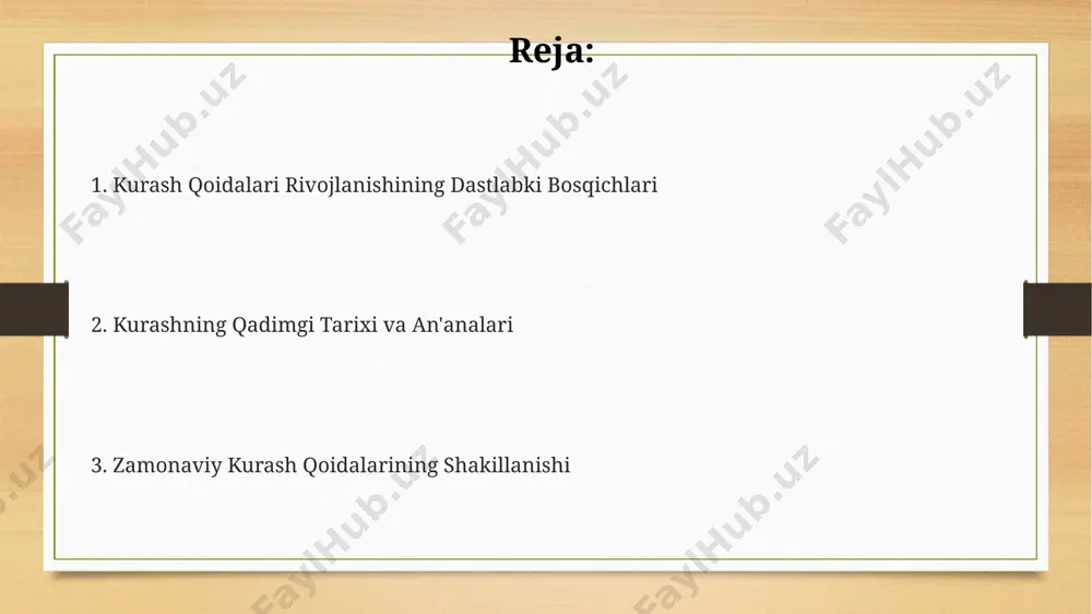 ullarni baholashda, harakatning to‘g‘riligi (5 balldan 3 ballgacha), kuch va tezlik (5 ball) kabi mezonlar qo‘llaniladi. dastlabki qoidalar va an'analar an'anaviy kurashda g'olibni aniqlashda faqatgina raqibni 3 marta yiqitish yoki hakimlarning qarori hisobga olinardi, vaqt limiti mavjud emas edi. dastlabki kurash qoidalarida 20 dan ortiq harakatlar, shu jumladan, tashlash, ushlash va yerga yiqitish texnikalari mavjud bo'lib, ularning ba'zilari 10 ballgacha baholanardi. kurashning dastlabki davrlarida, taxminan 15-asrda, musobaqalar asosan mahalliy an'analarga asoslanib, aniq yozma qoidalarsiz o'tkazilardi, g'olibni aniqlash ko'proq tajriba va kuchga bog'liq edi. xix asrda kurashning rivojlanishi xix asrda kurashning an'anaviy uslublari, ayniqsa, qo'qon, buxoro va xivada o'ziga xos xususiyatlarga ega bo'lib, 20 dan ortiq turli usullarni o'z ichiga olgan. xix asr oxirida, kurashning rivojlanishiga mahalliy hukmdorlar va boy badavlatlar tomonidan homiylik qilinishi, musobaqalar sonining 5-7 barobar ko'payishiga sabab bo'lgan. 1800-yillar oxirida, rossiya imperiyasi hududidagi kurash musobaqalari odatda "kurash" yoki "milliy kurash" deb nomlanib, rasmiy qoidalarsiz o'tkazilgan. kurash musobaqalari tizimining …