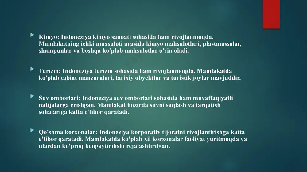 ava va sumatra. shuningdek, mamlaka sulawesi, bali, lombok va kalimantan kabi bir nechta kichik orollarga ham ega. o'zbekiston markaziy osiyoda joylashgan bir mamlakatdir. maydoni 448,978 km^2 ga tengdir. mamlaka o'rta iqlimda joylashganligi sababli o'simlik va hayvon hayoti juda turli bo'lib, o'simliklar olaminingning ustida joylashgan kyzylqum va karakum yerlari ham o'zbekiston hududida joylashgan. tarixiy ko'rinishlari indoneziya azia va avstraliyani bog'laydi. bu yerda umuman 300 dan ortiq erkakligi borligi ma'lum. indoneziya tarixi uchun jahon tarihida turli asrlarda mavjud bo'lgan imperiyalarning mamlakati bo'lib, bu imperiyalar mutaxassisliklaridan uzoqroq yashagan bo'lgan. indoneziya jahon tarihi davrida ko'p imperiyalarning xalifasligi ostida qolgan. 16-17 asrlar o'shig'ida indoneziya kolumbusning amerikaga qarashiga mos kelgan paytda evropaning turli davlatlari bilan savdoga kirib bormoqda edi. o'zbekiston esa jahon tarihining eng qadimgi hududlari orasidagi joylashuviga ega. buxoro, samarqand va xiva shaharlari o'zbekiston tarixida katta ahamiyatga ega bo'lgan shaharlardir. o'simliklarni va suv resurslarini ijobiy yordamida foydalanib, o'zbekiston tarixi davomida bir nechta imperiya o'rnatilgan edi. …