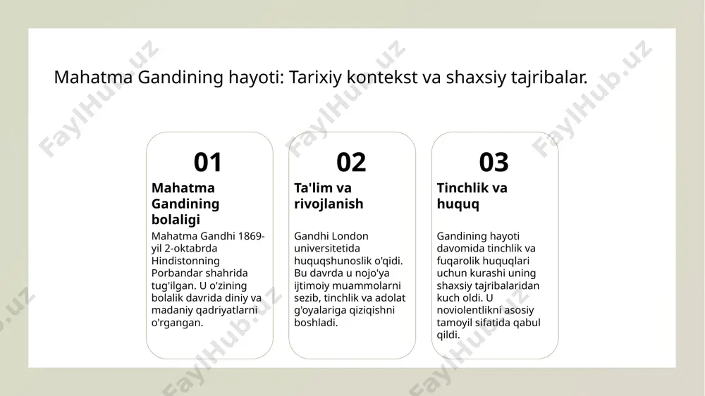 mahatma gandining noviolentlik tamoyili, o'zbekiston tarixidagi muhim voqealarda tinchlik va adolat yo'lida kurashda asosiy rol o'ynagan. 2 o'zbekistonning tarixi o'zbekistondagi tarixiy voqealar, masalan, 1916 yilgi qo'qon isyoni, tinchlik va adolat uchun kurashda noviolentlik tamoyillariga tayanadi. 3 1960-yillar harakatlari 1960-yillarda o'zbekistonda yoshlar va intellektualar, gandining noviolentlik falsafasidan ilhomlanib, jamiyatda o'zgarishlar uchun tinch yo'llarni tanladilar. 4 zamonaviy namoyishlar bugungi kunda o'zbekistonda o'tkazilayotgan zamonaviy namoyishlar, noviolentlik tamoyillariga asoslanib, ijtimoiy adolat va inson huquqlarini himoya qilishga qaratilgan. gandining ta'siri: global fuqarolik huquqlari harakatlariga ko'rsatmalari. 1 gandhi va fuqarolik huquqlari mahatma gandining noviolentlik falsafasi, fuqarolik huquqlari harakatlariga ilhom berib, ko'plab mamlakatlarda adolat va tenglik uchun kurashni kuchaytirdi. 2 global ta'sir gandining yondashuvi, aqshda martin luther king, janoblarining va janubiy afrikada nelson mandela kabi yetakchilarga ilhom berib, xalqaro miqyosda tinchlik harakatlarini rag'batlantirdi. 3 o'zbekistonga ta'siri gandining tamoyillari o'zbekistonda tinchlik, adolat va inson huquqlari uchun kurashda ahamiyatli bo'lib, yosh avlodni ilhomlantiradi va madaniy qadriyatlarni mustahkamlaydi. o'zbekiston va …