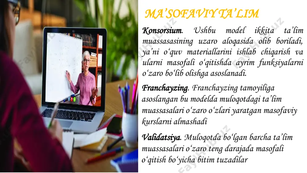 lektron ta’limga katta e’tibor qaratilmoqda. elektron ta’lim (e-learning) – avval «elektron ta’lim» atamasi kompyuter yordamida o‘qitish deb tushunilgan, biroq axborot texnologiyalari rivoji bilan bu tushuncha yanada kengaytirildi. e-learning e-learning sinxron asinxron sinxron elektron ta’lim – masofaviy ta’lim hisoblanadi, lekin bu real vaqtda amalga oshiriladigan ta’limdir. u oddiy kunduzgi ta’limga o‘xshaydi, farqi shundaki, ishtirokchilar bir-biridan uzoq masofada bo‘ladi. asinxron elektron ta’lim – bu talaba barcha kerakli ma’lumotni onlayn-manbalardan yoki elektron axborot tashish vositalari (cd, dvd yoki flash-kartalar)dan olishi va materialni o‘zlashtirish sur’ati va jadvalini o‘zi mustaqil tashkil etishdir. akademiya (zga) 1992-yil 23-noyabrda tashkil etilgan. bugungi kunda u rossiya va yevropadagi eng yirik otm’dir, unda 100ga yaqin talaba tahsil olmoqda. 22 yil davomida 300 mingdan ortiq talaba oliy ma’lumot haqida diplom olishga muvaffaq bo‘ldi. hozirgi kunda akademiya ko‘pgina ta’lim dasturlarini taklif etmoqda: bakalavr tayyorlash yo‘nalishlari bo‘yicha: lingvistika yurisprudentsiya boshqaruv iqtisodiyot informatika va vt psixologiya falsafa pedagogik ta’lim politologiya sotsiologiya san’at tarixi tijorat …