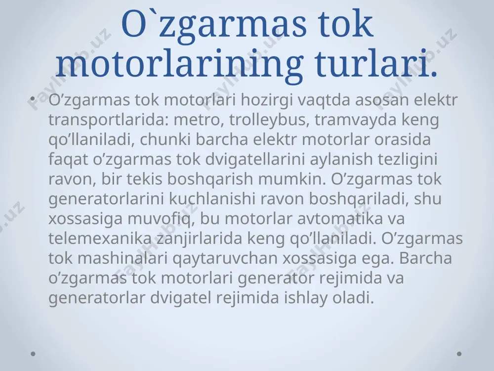 ng qarshiligi ry ning qiymati, odatda, juda kichik, ya’ni ry ≈ (0,1 ÷ 2) ω bo‘ladi. shunga binoan nominal tezlik va nominal tok in = unr−y ey bilan ishlayotgan motor yakoridagi kuchlanishning tushuvi iyry ≈ (3 ÷8)%uy bo‘ladi. demak, nominal kuchlanishli elektr tarmog‘iga yakor chulg‘ami bevosita, ya’ni tashqi qarshiliksiz ulansa, u holda bu chulg‘amdan o‘tadigan yakor toki nominalga nisbatan 10–20 marta ortib ketadi. natijada kollektor atrofida aylanuvchi olov va haddan tashqari katta aylantiruvchi moment hosil bo‘lib, motordagi izolatsiya va aylanuvchi mexanik qismlar ishdan chiqishi mumkin. ishga tushirish tokini kommutatsiya va aylanuvchi qismlarga xavfli bo‘lmagan qiymat iish.t≈ 2 · in gacha va, demak, mish.t≈ 2 · mn gacha kamaytirish uchun yakor chulg‘amiga ketma-ket ulangan rezistor qarshiligi kiritiladi. bu rezistor ishga tushirish rezistori deyiladi. yakorga kuchlanish berilganda undan o‘tadigan ishga tushirish tokini nominal qiymatgacha kamaytiruvchi qarshilik o‘zgarmas tok motorining nominal qarshiligi deb ataladi. ishga tushirish rezistori odatda bir necha pog‘onadan iborat qilib …