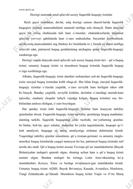 yuk britaniyadan tashqari) qamrab olgan, shuning uchun ham u qit`a huquq tizimi nomini olgan. bundan tashqari bu tizimga lotin ame-rikasining ko`p mamlakatlari, koreya, xitoy va boshqa rivojlanayot-gan mamlakatlar kiradi. umumiy huquq tizimi aqsh, buyuk bri-taniya, kanada, avstraliya, hindiston, yangi zelandiyada qo`llanadi. musulmon huquq tizimi yaqin va o`rta sharq mamlakatlari – eron, saudiya arabistoni, afg`oniston, liviya, malayziya, iordaniya va shu kabi davlatlarda qo`llaniladi. tropik afrika mamlakatlarida, arabiston yarim orolining sharqiy qismidagi ko`chmanchi qabilala-rida, janubiy sharqiy osiyoning milliy ozchiligini tashkil etuvchi xalqlarida patriarxal hayot tarzi sababli patriarxal huquq tizimi qo`llaniladi. mdh mamlakatlari, shu jumladan, o`zbekiston fuqarolik huquqi tizimi qit`a huquq tizimiga mansub, deb hisoblash joiz. hozirgi zamonda barcha fuqarolik huquqi tizimlari o`rtasida o`zaro yaqinlashuv, bir-biridan andoza olish, implantatsiya jarayoni kechmoqda. bu jarayon asosan, iqtisodiy, ilmiy-ijodiy, madaniy sohalardagi fuqarolik-huquqiy munosabatlarni tartibga soluvchi normalarda yaqqol namoyon bo`lmoqda. fuqarolik-huquqiy munosabat-larning ayrim sohalari bo`yicha xalqaro konvensiya, davlatlararo bitimlar, butunjahon savdo tashkiloti, yevropa iqtisodiy hamjamiyati, butunjahon intellektual …