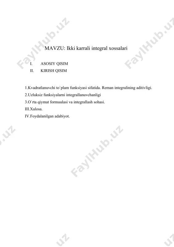 ogiyalarni joriy etishni taqozo etadi. ta’lim tizimidagi kamchiliklar, shu jumladan, matematika fanida ham oʻqitish uslubiyotini chetlab oʻtmaydi. har bitta fanga alohida e’tibor berish, har bir mavzuni o`qitishda ma’suliyatli bo`lish o`qituvchining eng oliy maqsadi hisoblanadi. bizga ma’lumki matematika fani juda qiziqarli va shu bilan birga murakkab fan bo`lib ham hisoblanadi. ma’lumki bu mavzuda asosan funksiya grafiklarini tekshirish, lokal ekstremum nuqtalarini toppish, funksiyalar qavariqligi, bukilish nuqtalari va shunga masalalar qaraladi. ushbu fikrlar tanlangan mavzuning qanchalik dolzarb ekanligini ko’rsatadi. ikki karralli integrallarning va ularning xossalarini va uzluksiz funksiyalarni integrallanuvchanligini o`rganish muxum ahamiyatga egadir. kurs ishining obyekti. oliy ta’limda matematik analizni oʻqitish jarayoni. kurs ishining predmeti. oliy ta’limda ikki karrali integrallning va ularning xossalarini o`rganish va shu kabi tushunchalarni o’rgatish usullari va vositalari. kurs ishining maqsadi. oliy ta’limda : ikki karralli integrallarning va ularning xossalarini va uzluksiz funksiyalarni integrallanuvchanligini sohalari, va differensiallari, mavzusi yuzasidan masalalar yechish metodikasini ishlab chiqish. kurs ishining vazifalari.  oliy …
