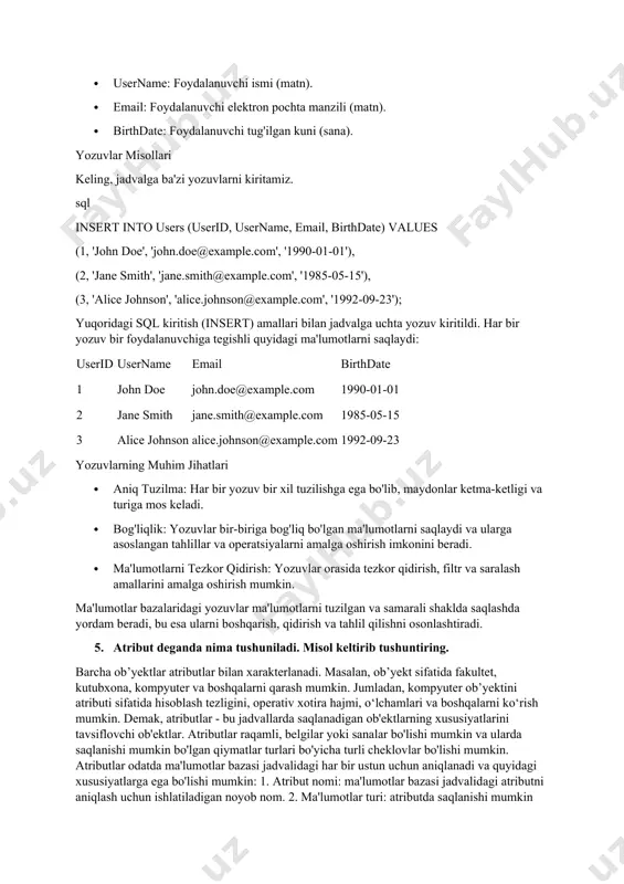 mpyutеr ob’yеktini atributi sifatida hisoblash tеzligini, opеrativ xotira hajmi, o‘lchamlari va boshqalarni ko‘rish mumkin. demak, atributlar - bu jadvallarda saqlanadigan ob'ektlarning xususiyatlarini tavsiflovchi ob'ektlar. atributlar raqamli, belgilar yoki sanalar bo'lishi mumkin va ularda saqlanishi mumkin bo'lgan qiymatlar turlari bo'yicha turli cheklovlar bo'lishi mumkin. atributlar odatda ma'lumotlar bazasi jadvalidagi har bir ustun uchun aniqlanadi va quyidagi xususiyatlarga ega bo'lishi mumkin: 1. atribut nomi: ma'lumotlar bazasi jadvalidagi atributni aniqlash uchun ishlatiladigan noyob nom. 2. ma'lumotlar turi: atributda saqlanishi mumkin bo'lgan ma'lumotlar turi. masalan, butun son, belgi yoki sana. 3. hajmi: atributda saqlanishi mumkin bo'lgan belgilar yoki raqamlarning maksimal soni. 4. cheklovlar: atributda qanday qiymatlarni saqlash mumkinligini belgilaydigan qo'shimcha qoidalar. masalan, minimal yoki maksimal qiymatga cheklovlar, o'ziga xoslikni tekshirish, qiymat mavjudligini tekshirish va boshqalar. atributlar ma'lumotlar bazasining muhim tarkibiy qismidir, chunki ular ma'lumotlar bazasida saqlanadigan ob'ektlarning xususiyatlarini aniqlashga imkon beradi. shuningdek, ular ma'lumotlar bazasidagi ma'lumotlarning yaxlitligini saqlashga yordam beradigan jadvallar orasidagi munosabatlarni aniqlashga …