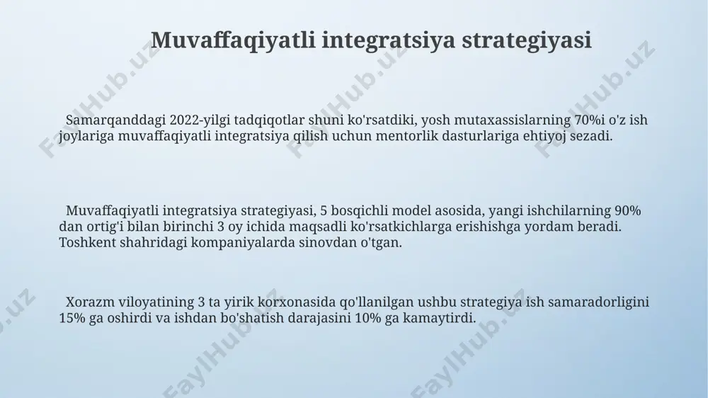 aradorligini 15% ga oshirishni maqsad qilgan. o‘zbekistonning 2030-yilga kelib rivojlangan mamlakat bo‘lish maqsadiga erishish uchun 5 yillik strategik rejalarda yosh mutaxassislarni jalb qilish va ularning salohiyatini ochishga 30% dan ortiq mablag‘ ajratilishi rejalashtirilgan. mentorlik va qo'llab-quvvatlash tizimi samarqanddagi 5 yillik tajribamiz shuni ko'rsatdiki, yosh mutaxassislar uchun 3 bosqichli mentorlik dasturi (tayyorgarlik, qo'llab-quvvatlash, baholash) ularning ish samaradorligini 20% ga oshirdi. toshkent shahridagi tadqiqotlar shuni ko'rsatdiki, yosh mutaxassislarning 70% qo'llab-quvvatlash tizimining yo'qligi sababli birinchi yilida ishdan ketish xavfi yuqori. andijon viloyatidagi kompaniyalarda qo'llaniladigan 1:2 (bir mentorga ikki shogird) nisbatidagi mentorlik tizimi yosh mutaxassislarning malaka oshirish tezligini 15% ga oshirgan. e'tiboringiz uchun rahmat @taqdimot_robot image4.png image3.jpeg