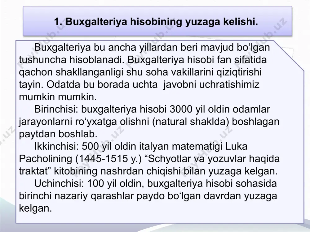 abul qilinishi bilan xarakterli bo‘lgan ushbu davr buxgalteriya hisobining rivojlanishida o‘ziga xos revolyutsiya davri bo‘ldi deyish mumkin. buxgalteriya hisobi, mulk egalari, jamoat, davlat manfaatlar bo‘yicha o‘zining aniq javoblariga ega bo‘ldi. 7 xo’jalik hisobi tizimi statistik hisob operativ (tezkor) hisob moliyaviy hisob boshqaruv hisobi buxgalteriya hisobi soliqlar hisobi 2. xo‘jalik hisobining turlari: tezkor (operativ), statistik va buxgalteriya hisobi. 8 9 operativ (tezkor) hisob korxonalarda ishlab chiqarishni tezkor boshqarish maqsadlarida yuritiladi. operativ (tezkor) hisob muomala sodir bo‘layotgan joyning o‘zida va biror-bir xo‘jalik operatsiyasini sodir etish paytida yuritiladi. bu hisobning korxona va uning tarkibiy bo‘linmalariga joriy rahbarlik qilish maqsadida ma’lumotlarni tezkor ravishda olish va ulardan foydalanish uning farq qiladigan belgisi hisoblanadi. hisobning bu turini tashkil qilish, yuritish uchun maxsus yo‘riqnoma talab qilinmaydi. statistik hisob bu hisob jamiyatimizda yuz berayotgan ommaviy, ijtimoiy–iqtisodiy, siyosiy hodisalarni o‘rganish va nazorat qilish, ular to‘g‘risidagi ma’lumotlarni yig‘ish hamda qayta ishlash tizimidan iborat. xo‘jalik hisobining bu turi butun davlat iqtisodiyotini …