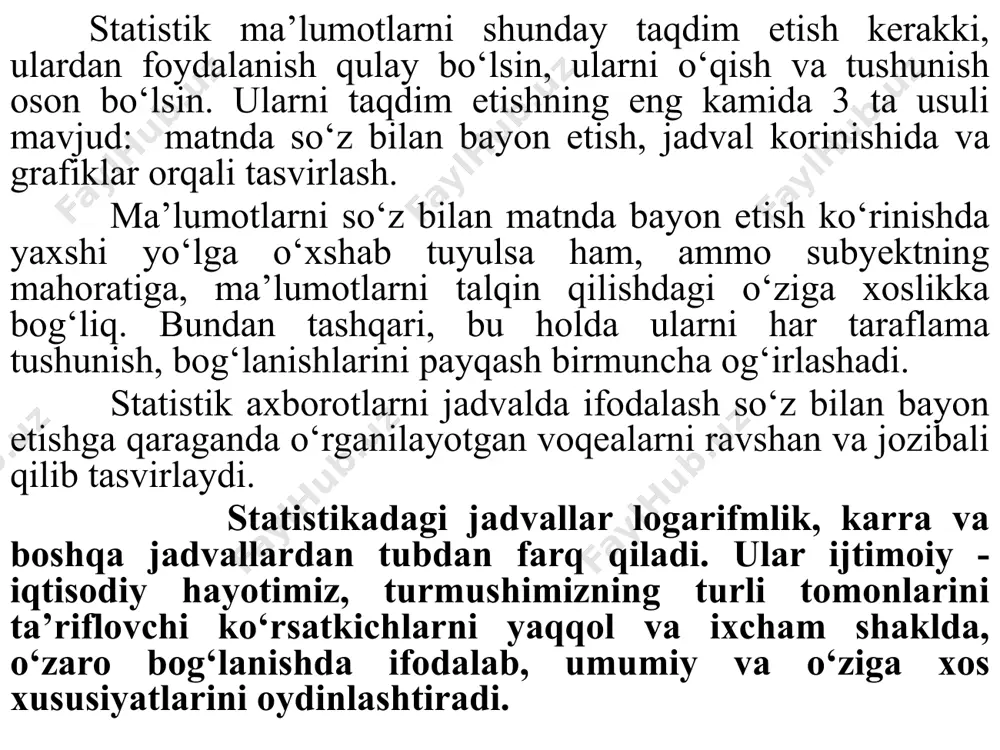 r va gistog-ramma-lar shartnoma (rеja) bajarilishini tеkshirish diagramma-lari spiral shaklli diagram-malar sеktorli diagrammalar to’rt burchak yoki kvadratli diagrammalar doirali diagram-malar tasvirli diagrammalar 4 4.1-jadval 2019 yil yanvar-iyun oylaridagi makroiqtisodiy kо‘rsatkichlar mlrd.sо‘m 2018 yilning yanvar-iyun oylariga nisbatan foizda yalpi ichki mahsulot 72172,8 108,1 sanoat mahsuloti 40791,1 108,1 qishloq xо‘jaligi mahsuloti 17569,0 106,5 asosiy kapitalga kiritilgan investitsiyalar 18069,9 109,8 qurilish ishlari 11751,8 118,0 yuk tashish1), mln. tonna 629,6 104,3 yuk aylanmasi1), mln.tn.km 25064,3 104,1 yо‘lovchi tashish, mln. kishi 3522,3 103,3 yо‘lovchi aylanmasi, mln.yо‘lovchi-km 48137,0 105,3 chakana tovar aylanmasi 31732,7 114,8 xizmatlar, jami 40247,0 113,1 1) quvur yo’li transportisiz 5 jadvallar yotiq va tik tо‘g‘ri chiziqlar kesilmalaridan tuzilgan geometrik shakl bо‘lib, qator va ustunlardan tarkib topadi. ularda о‘rganilayotgan obyektlar va ularning kо‘rsatkichlari joylashtiriladi. har bir qator va ustun о‘z nomiga, jadval esa umumiy sarlavhalarga ega bо‘lib, bular jadvalning asosiy unsurlari hisoblanadi. agarda jadval qatorlari va ustunlari о‘z nomlariga hamda umumiy sarlavhaga ega bо‘lib, …