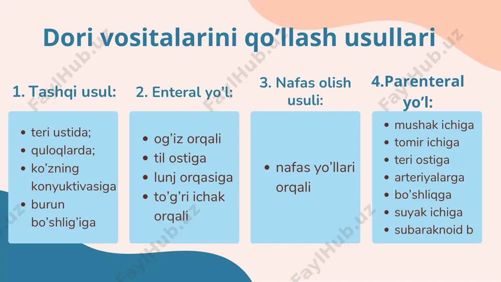 i berilganda mahalliy, rezorptiv va reflektor ta'sirlarni olish mumkin. dori vositalrni mahalliy va tizimli qo‘llash mumkun: gazli moddalar (kislorod, azot oksidi); uchuvchi suyuqlik bug'lari (efir, florotan); aerozollar (eritmalarning eng kichik zarralarini ishlab chiqarish). azamova sarvinoz foydalanilgan adabiyotlar xalmatova b. t oxunov a. o tibbiyot kasbiga kirish: darslik toshkent-2018 yil thank you! e’tiboringiz uchun raxmat. hammangizga o’qishlaringizga omad tilayman. kelajakda eng yaxshi pediatr bo’lishingizni tilayman🏨🏩 ��