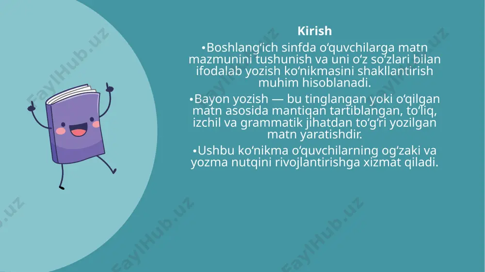 ‘qiydi. savollarga javob beradi, asosiy mazmunni ajratadi. reja tuzishda qatnashadi. matnni og‘zaki va yozma ravishda bayon qiladi. yozgan ishini tekshiradi, xatolarni tuzatadi. matnni mustaqil tarzda ijodiy yo‘sinda yozishga harakat qiladi. 6 amaliy misol matn: qorbobo bolalarga sovg‘alar ulashdi. u har bir uydan xursand bolalarning kulgusini eshitdi. qorbobo bolalarga baxt tilab yo‘lida davom etdi. reja: qorbobo bolalarga sovg‘a tarqatdi bolalarning quvonchi qorboboning tilaklari bayon namunasi: qorbobo bolalarga ko‘plab sovg‘alar ulashdi. har bir bola unga minnatdorchilik bildirib, xursand bo‘ldi. qorbobo esa bolalarga baxt tilab, yana boshqa joylarga yo‘l oldi. 7 xulosa bayon yozish — o‘quvchilarning mantiqiy fikrlashi, izchil ifodasi va savodxonligini rivojlantiradi. o‘rgatish bosqichma-bosqich, quvnoq va qiziqarli usullar bilan olib borilishi lozim. o‘quvchilarni rag‘batlantirish orqali ularda mustaqil yozishga qiziqish uyg‘otish mumkin. 8 🌟 bolaga fikr yozishni o‘rgatsangiz, u dunyoni ifodalashni o‘rganadi. tashakkur! 9 image9.png image10.svg image11.png image12.svg image1.png image2.svg image3.png image4.svg image13.png image14.svg image15.png image16.svg image17.png image18.svg image5.png image6.svg image19.png image20.svg image7.png …