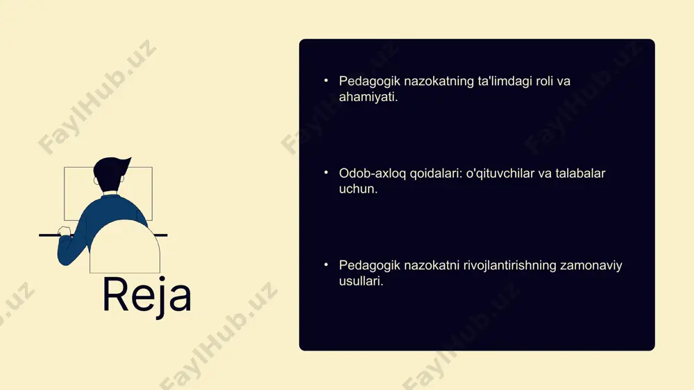 lash pedagogik nazokatning ta'limdagi afzalliklari pedagogik nazokat ta'lim jarayonining ajralmas qismi bo'lib, u o'qituvchi va talabalar o'rtasidagi ijtimoiy va emosional aloqalarni mustahkamlashga yordam beradi. **nazokatning ahamiyati:** - o'qituvchilar talabalarda o'zaro hurmat va e'tiborni oshiradi. - ijtimoiy ko'nikmalarni rivojlantirishga ko'mak beradi. **ijtimoiy ko'nikmalarni rivojlantirish:** - pedagogik nazokat orqali talabalarda jamoaviy faoliyat va o'zini ifoda etish qobiliyatlari oshadi. - statistik ma'lumotlarga ko'ra, nazokatni qo'llagan o'qituvchilar orasida ijtimoiy ko'nikmalarning 30% ga oshishi kuzatiladi. **statistik dalillar:** - o'zaro anglashuv va muammolarni hal etish ko'nikmalari 25% ga yaxshilanadi. - ushbu natijalar pedagogik nazokatning ta'lim jarayonidagi ahamiyatini ko'rsatadi. pedagogik nazokat ta'lim jarayonining samaradorligini oshirishda muhim rol o'ynaydi. odob-axloq qoidalarining mohiyati odob-axloq qoidalari ta'lim jarayonida muhim ahamiyatga ega. ular o'qituvchilar va talabalar o'rtasida o'zaro hurmat va etikani ta'minlaydi. ushbu qoidalar quyidagilarni o'z ichiga oladi: - ta'lim muhitida o'zaro hurmatni saqlash. - o'qituvchilar uchun: o'z mas'uliyatini his qilish va talabalarni qadr-qimmatini tan olish. - talabalar uchun: bir-birini hurmat …