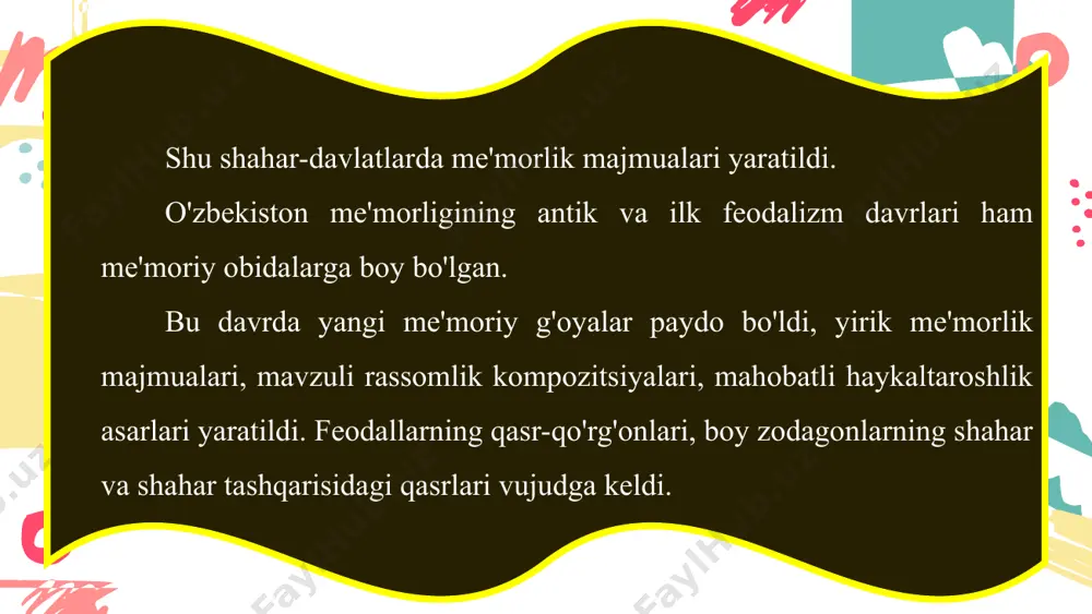 omxo'ja minorasi shaharning ajoyib me'morlik yodgoriigi hisoblanadi. xorazm davlati miloddan awalgi iv asrdan boshlab o'z yuksalishining yangi bosqichiga ko'tarila boshlaydi va mil. aw. ii - i asrlarda esa o'zining gul-lagan davrini boshidan kechiradi. tuproqqal'a shu davrning muhim yodgorligidir. qal'a qalin devor bilan aylantirilib o'rab chiqilgan. qal'adagi saroy va ibodatxonalar bezakka boy va hashamatli qilib qurilgan bo'lib, uni bezashda rassomlik va haykaltaroshlik san'atidan foydalanilgan. 41-rasm. buxoro. somoniylar maqbarasi. rivojlangan feodalizm davrining nodir yodgoriigi somoniylar maqbarasidir (41-rasm). bu maqbara haqli ravishda jahon me'morlik san'atining nodir yodgoriigi hisoblanib, dastlab o'zining sodda va tuzilishining aniqligi, nisbatlarining nihoyatda mutanosibligi va me'moriy shakl devorining nihoyatda nafis holda bir-biri bilan uyg'unlashib ketganligi bilan ajralib turadi. maqbara asosi kvadrat bo'lib (7,20 x 7,20), to'rt tomonida arkli eshik mavjud. maqbara tashqi tomondan tepaga biroz torayib boruvchi kub va uning ustiga o'matilgan yarim aylana shaklidagi qozonni eslatadi. binoning tashqi devor yuzasi pishiq g'ishtni turli holda taxlanishi hisobiga badiiylashtirilgan. g'ishtning goh …