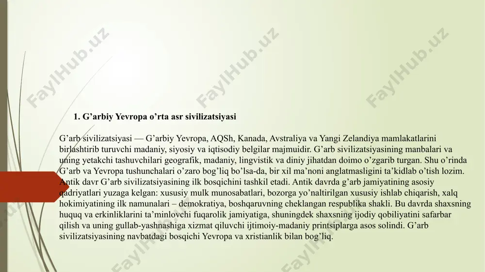 vri boshlandi. ammo imperiya g’oyasi yo’q bo’lmadi. viii-ix asrlar chegarasidayoq yevropaning siyosiy birligi g’oyasi paydo bo’ldi. dastlab bu rim imperiyasini qayta tiklashga urinish bilan bog’liq edi. o’rta asr sivilizatsiyasi tarixida ikki bor g’arbiy yevropada rim imperiyasini tiklashga urinish bo’lgan. dastlabki urinish 486 yilda xlodvig (465g’466-511 yy) tomonidan barpo etilgan frank qirolligi tarixi bilan bog’liq. viii-ix asrlarda frank qiroli buyuk karlning (742-814 yy) yurishlari tufayli franklar davlati ebrordan ta elbaga, la-manshdan to adriatika dengiziga qadar bo’lgan hududni egalladi. 800 yilda papa lev iii karlga imperatorlik tojini kiygazdi. buyuk karlning nevaralari 843 yilgi verden shartnomasiga ko’ra imperiyani uch qismga taqsimladilar: lyudovik nemis germaniyani, karl yaltiroqbosh bo’lajak fransiyani, lotar bo’lajak italiyani qo’lga kiritdi. shu tariqa yevropaning uch zamonaviy davlati tarixi boshlandi. g’arbiy yevropada imperiya g’oyasini amalga oshrishiga ikkinchi urinish muqaddas rim imperiyasining vujudga kelishi bilan bog’liq. germaniya qiroli otton i (912-973 yy) italiyaga bir necha yurishlardan so’ng 962 yilda imperatorlik tojini qo’lga kiritishga …