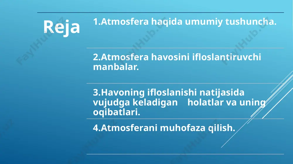 mi emiriladi. atmosfera havosining ifloslanishida qishloq xo‘jalik ishlab chiqarishining ham hissasi bor, bunda parrandachilik va chorvachilik komplekslari, go‘sht kombinatlari, kimyoviy o‘g‘itlar, zararli ximikatlar ko‘proq ta’sir etadi. bulardan tashqari kanalizasiya shaxobchalaridan, avtomobil g‘ildiraklaridan, oyoq kiyimidan, oshxonalardan va boshqalardan chiqqan chang, gazlar, hidlar ham atmosferani ifloslaydi. 2.atmosfera havosini ifloslantiruvchi manbalar. atmosferada sodir bo’ladigan fizik, kimyoviy va biologik o’zgarishlar tirik organizmlarga o’z ta’sirini ko’rsatadi. so’nggi yillarda inson ta’sirining kuchayishi natijasida gazlar muvozanatining o’zgarishi kuzatilmoqda. atmosferadagi gazlar doimiy miqdorining o’zgarishi sayyoramiz uchun salbiy oqibatlarga olib kelishi aniqlangan. buyuk mutafakkir abu ali ibn sino aytganidek “agar havoda chang va tutun bo’lmasa inson ming yilgacha umr ko’rgan bo’lardi”. atmosferaning ifloslanishi deganda havoga zaharli birikmalarning qo’shilishi natijasida uning fizik va kimyoviy xususiyatlarini o’zgarishi tushuniladi. 3.havoning ifloslanishi natijasida vujudga keladigan salbiy holatlar va uning oqibatlari. havoning kuchli ifloslanishi insonlar sog’lig’iga, qolaversa barcha jonzotlarga salbiy ta’sir ko’rsatadi. bir kishi sutka davomida o’rtacha 25 kg havo bilan nafas oladi. havo …